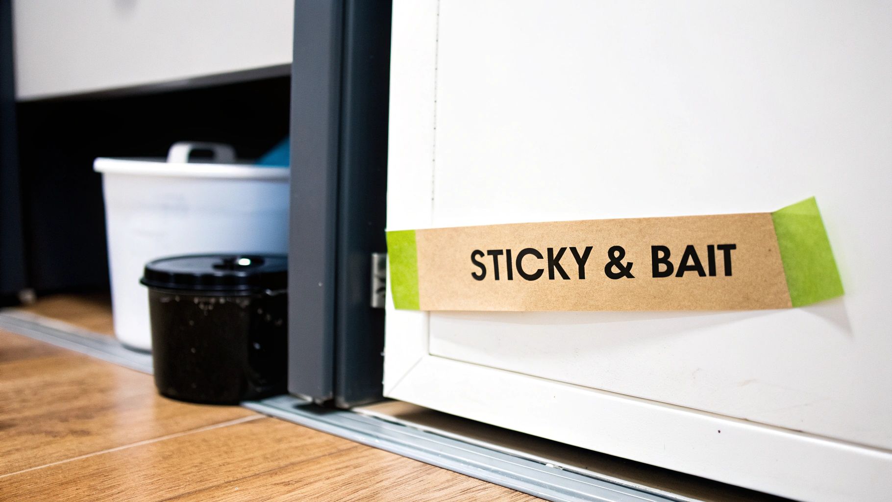 A close-up of a cabinet door with a brown label marked 'STICKY & BAIT' taped on it.