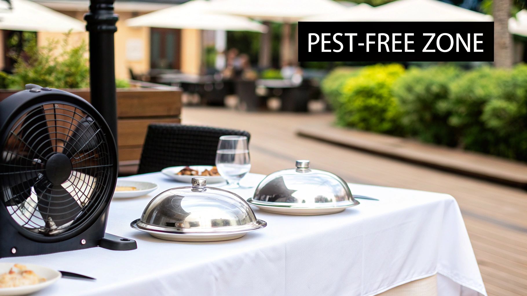 An outdoor restaurant table set with a black fan, covered dishes, and a 'PEST-FREE ZONE' sign.