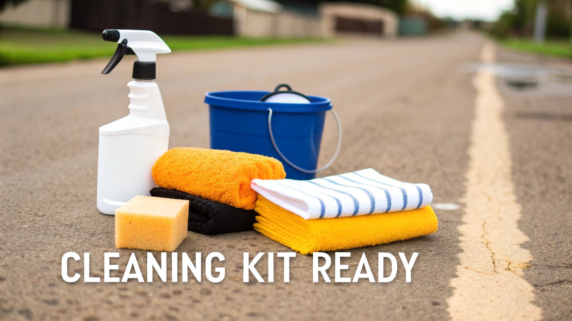 A collection of car cleaning supplies, including microfiber towels and spray bottles, arranged on a garage floor.