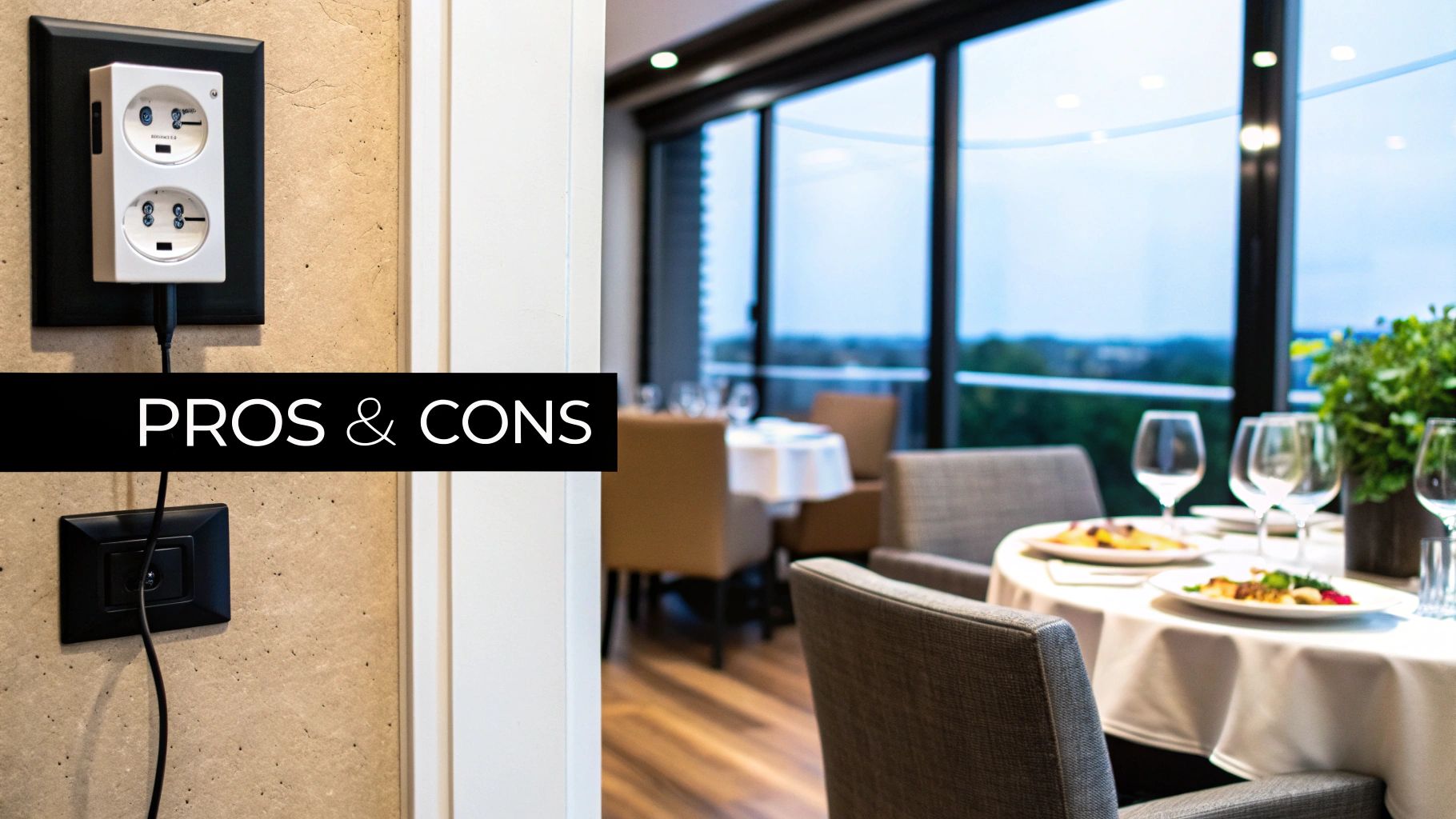 Close-up of wall with dual power outlets, a 'PROS & CONS' banner, and a blurred restaurant background.