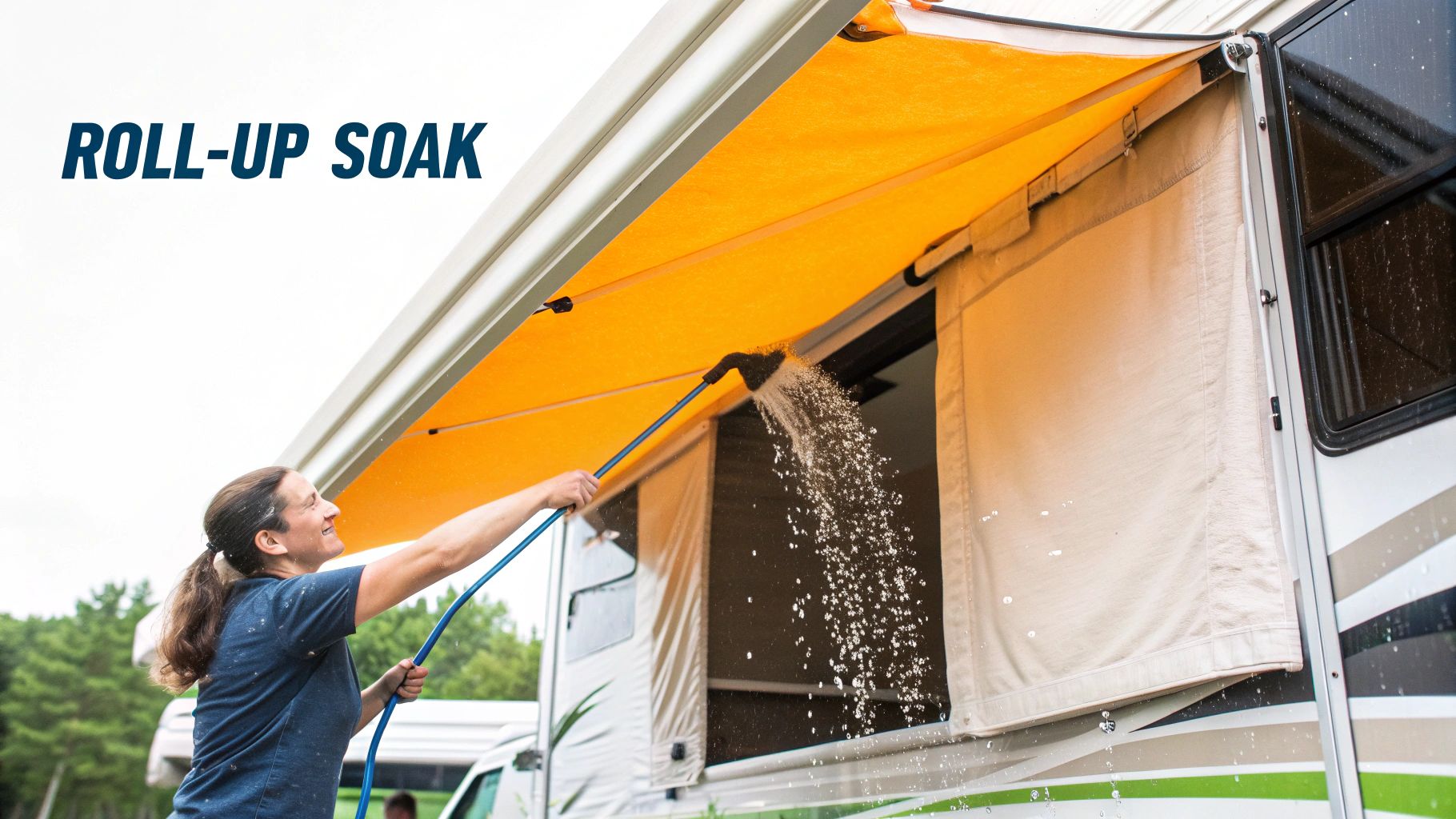 An RV owner using a soft brush with an extension pole to clean a fully extended RV awning.