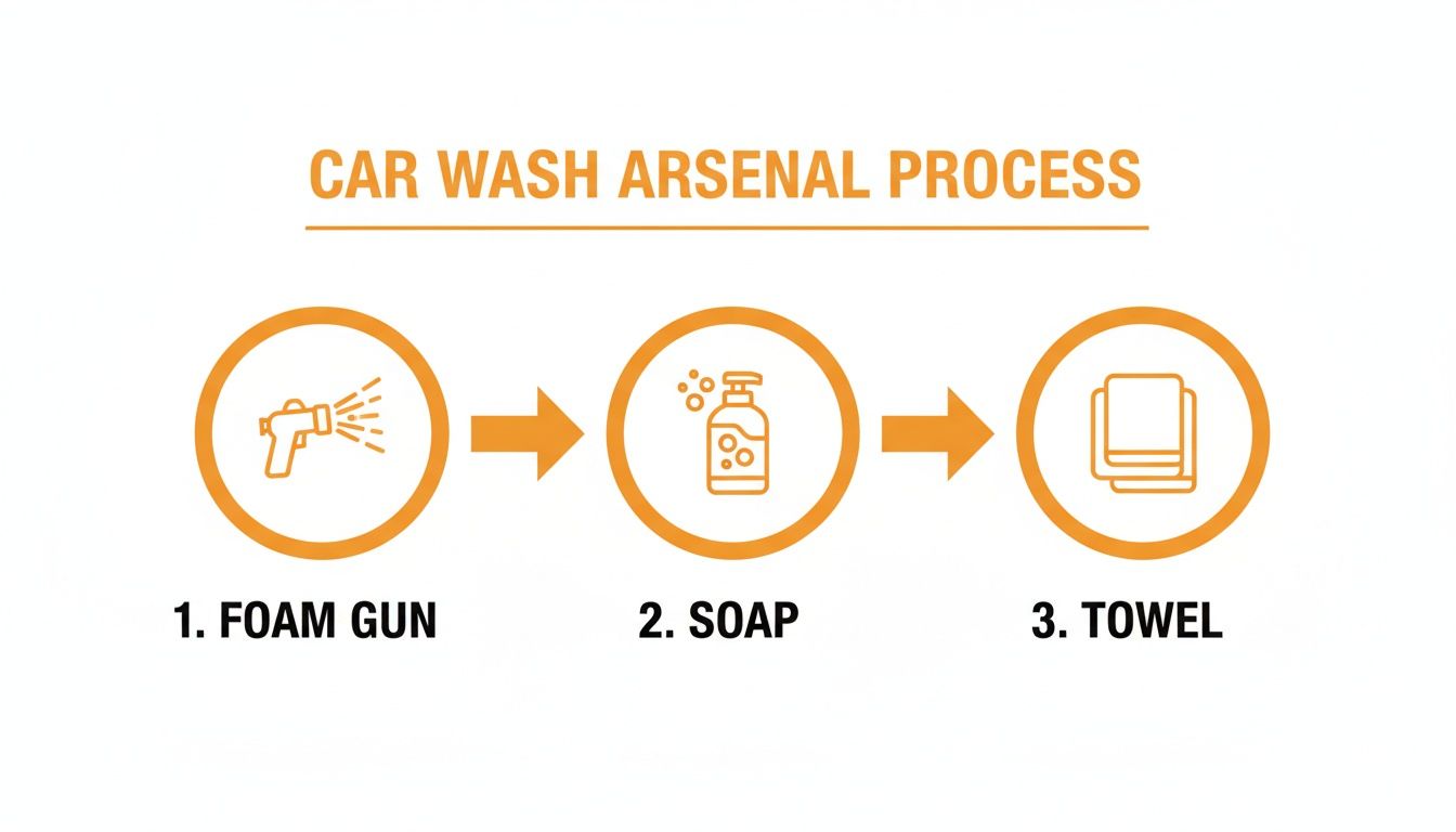 An infographic illustrating a three-step car wash process using a foam gun, soap, and a towel.