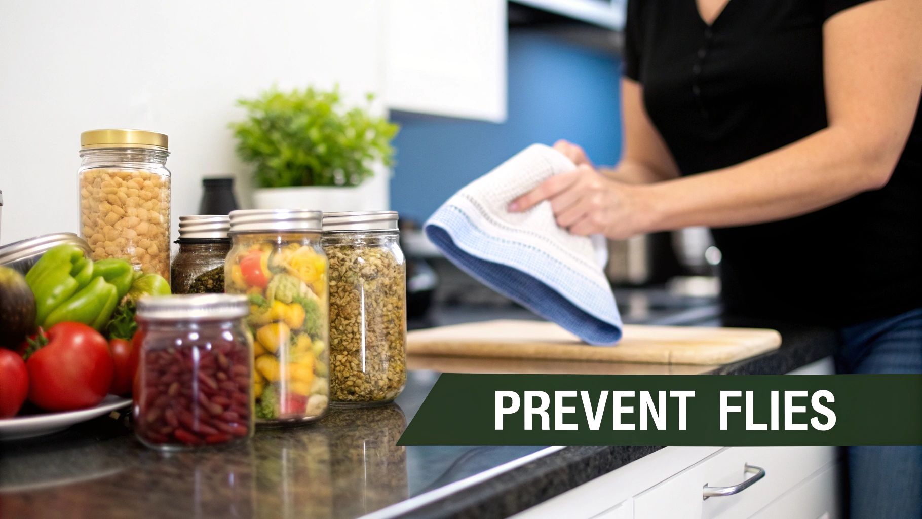 A person cleaning a kitchen counter with food in jars and fresh vegetables, emphasizing hygiene.