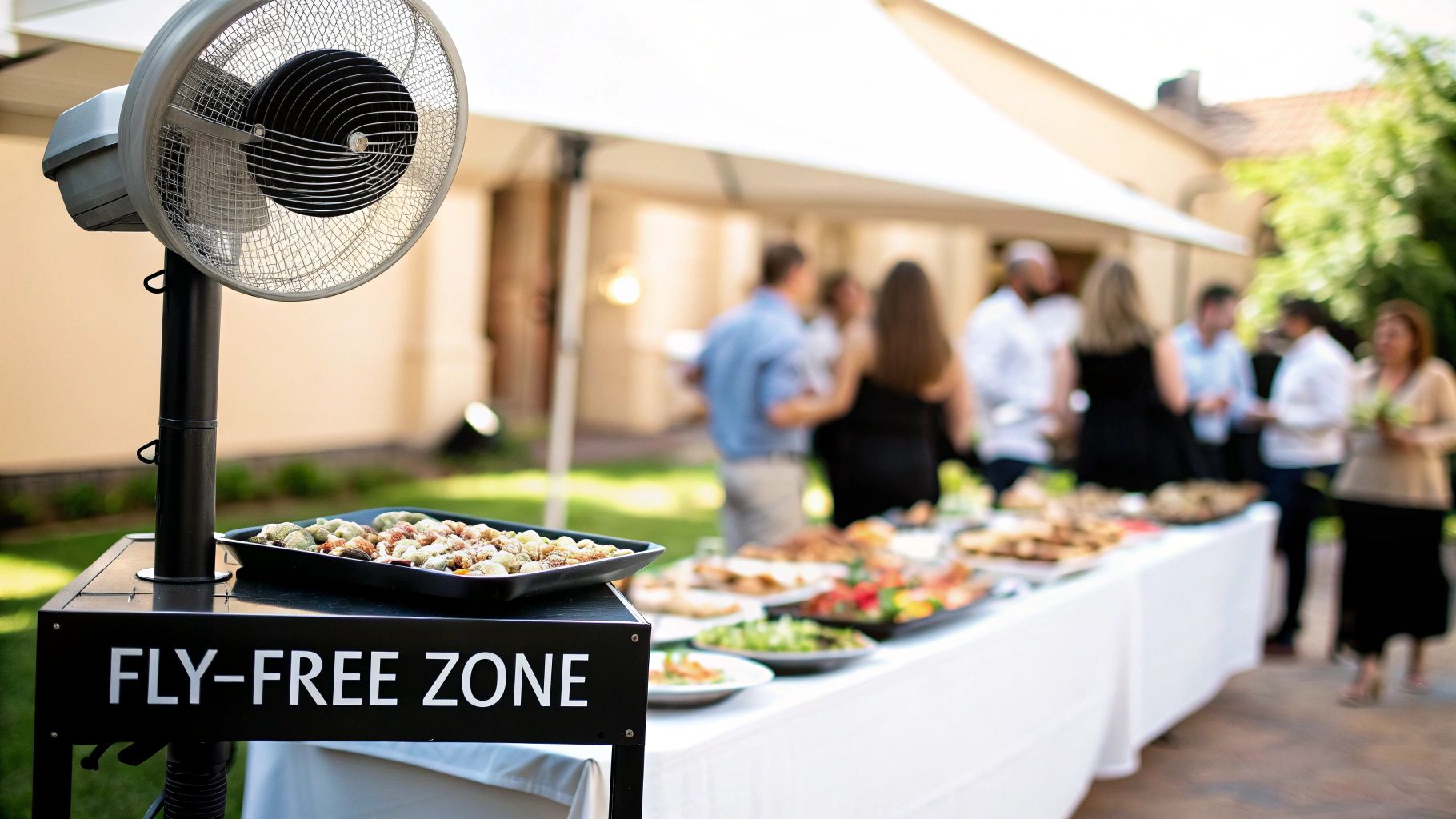 Outdoor buffet with a fan and 'FLY-FREE ZONE' sign keeping flies away from appetizers.