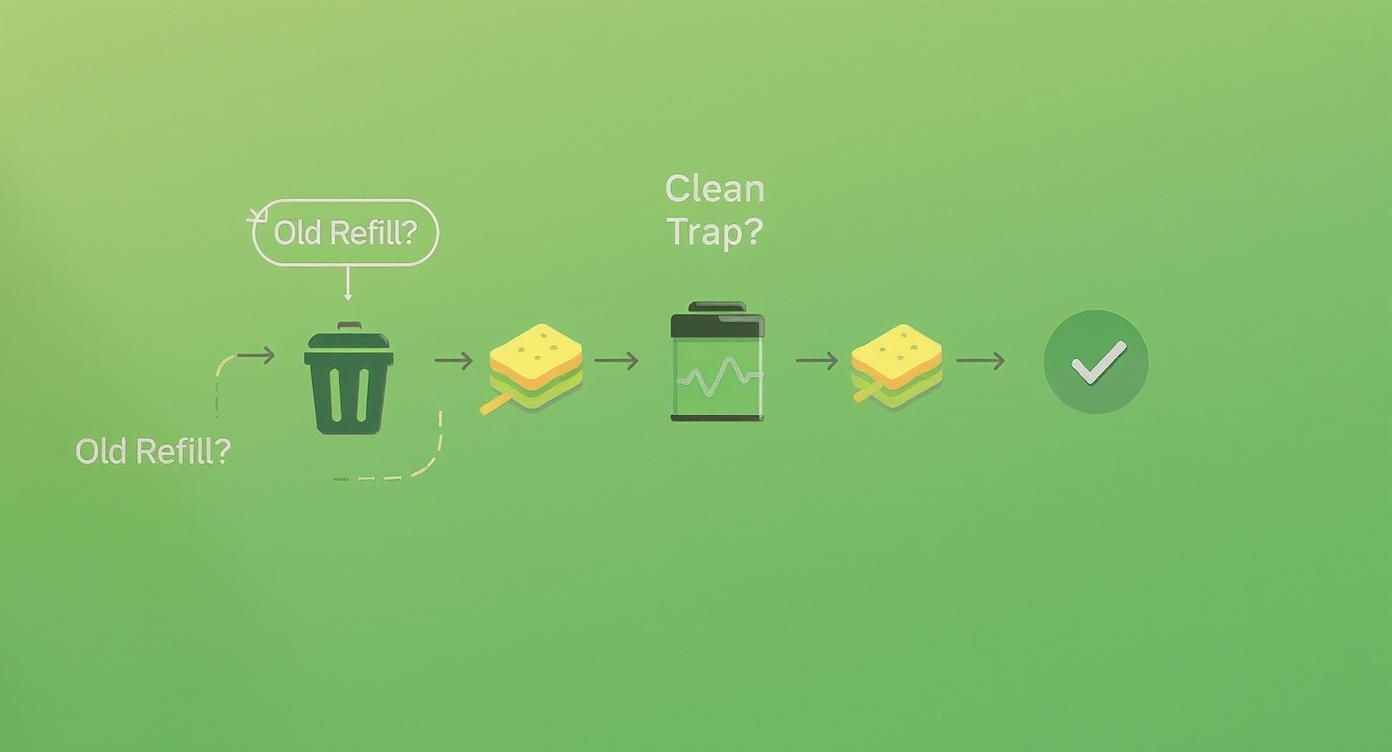 Flowchart illustrates disposing of old refills, cleaning a trap, and successful preparation.
