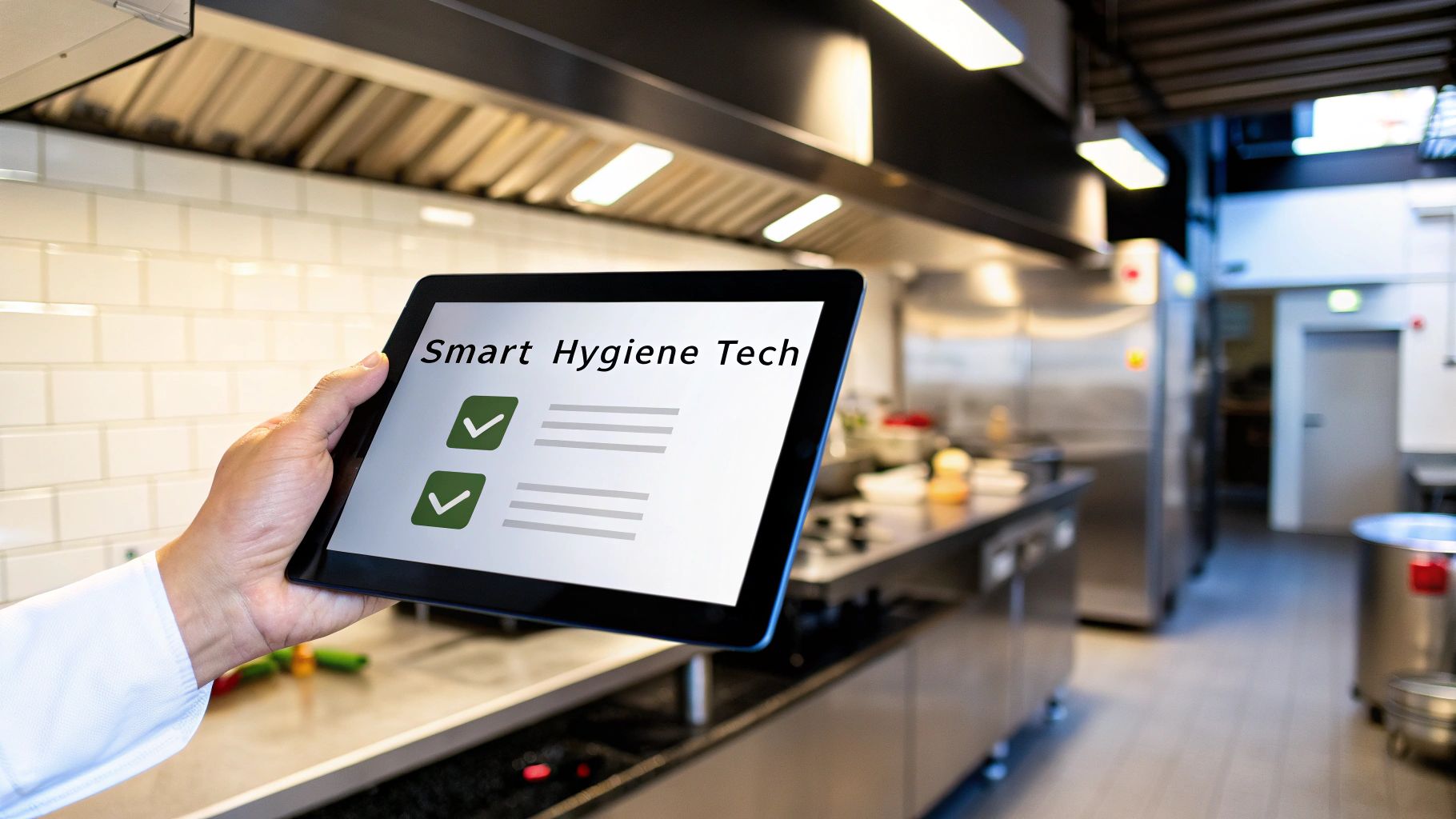 A food service manager reviewing digital hygiene checklists on a tablet in a clean, modern kitchen.