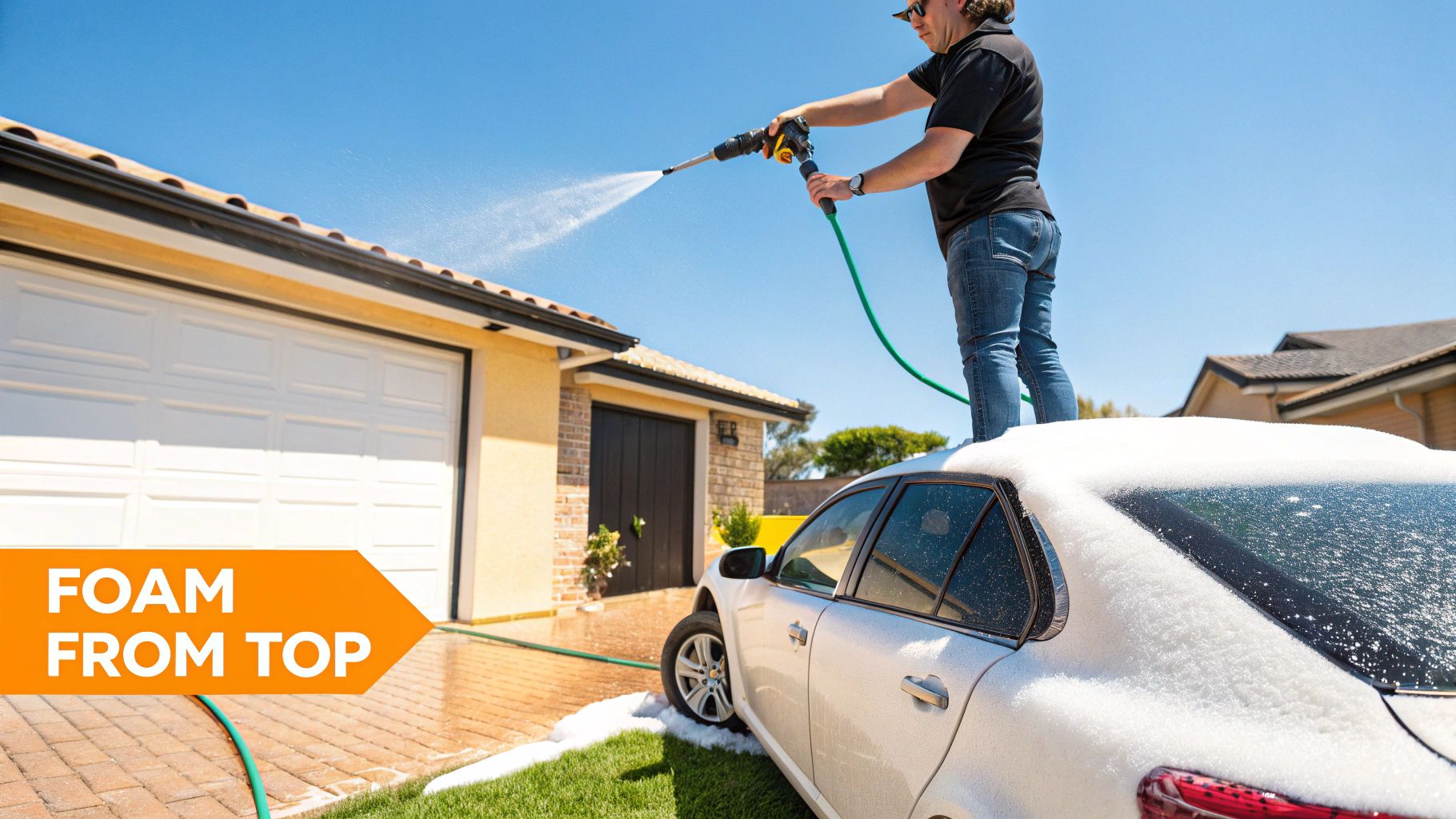 A person stands on a car, using a foam gun to spray water onto a house roof on a sunny day.