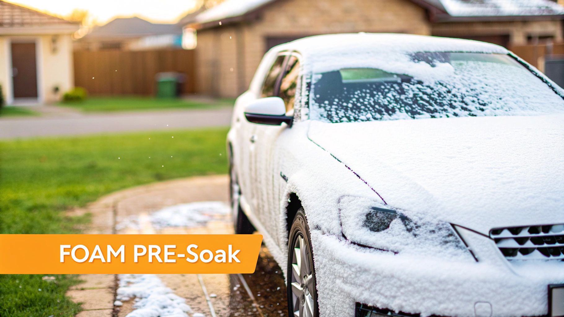 A white car completely covered in thick white foam during a pre-wash soak in a driveway.