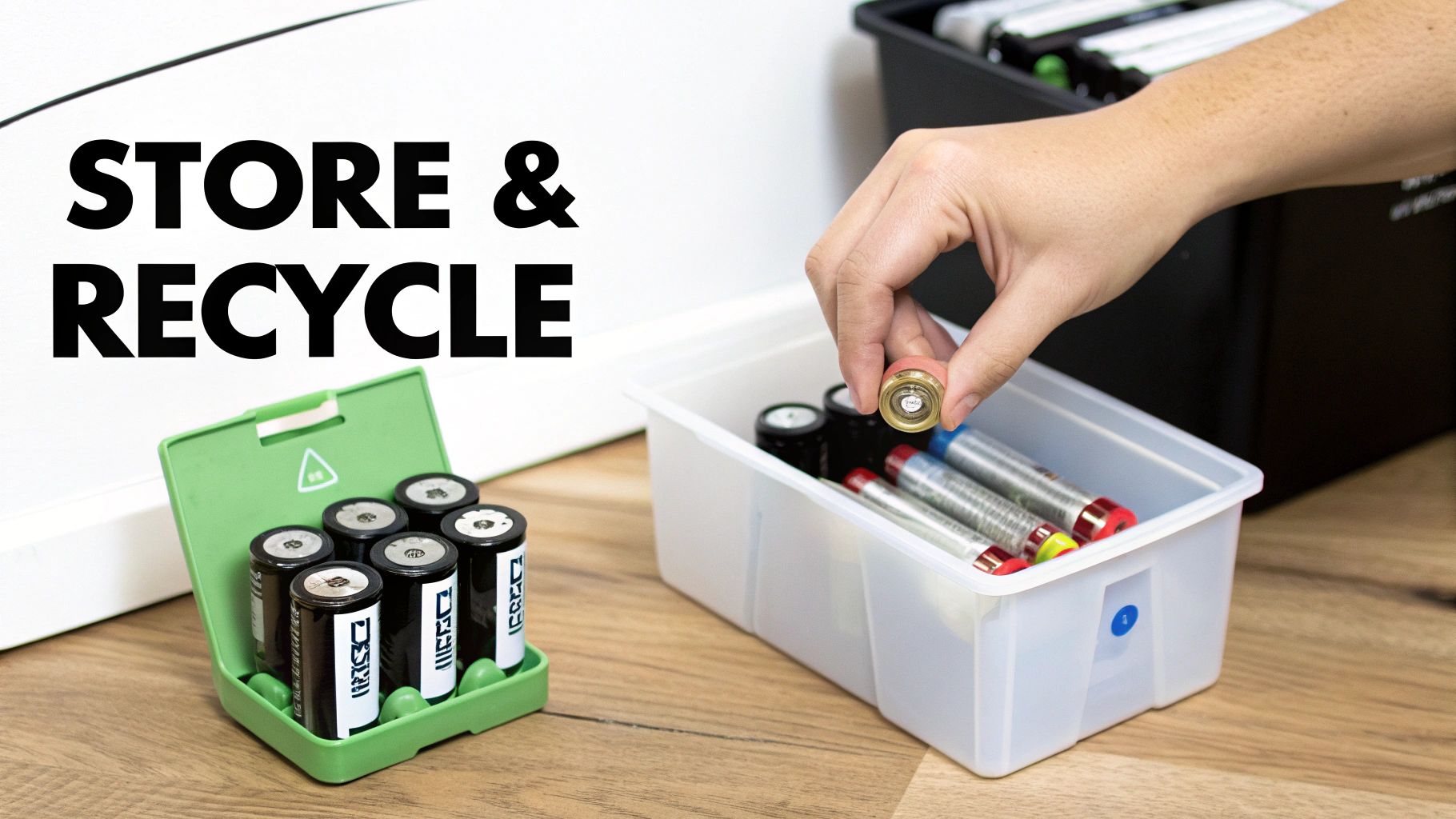 A person recycling batteries by placing one into a bin, with other batteries stored nearby.
