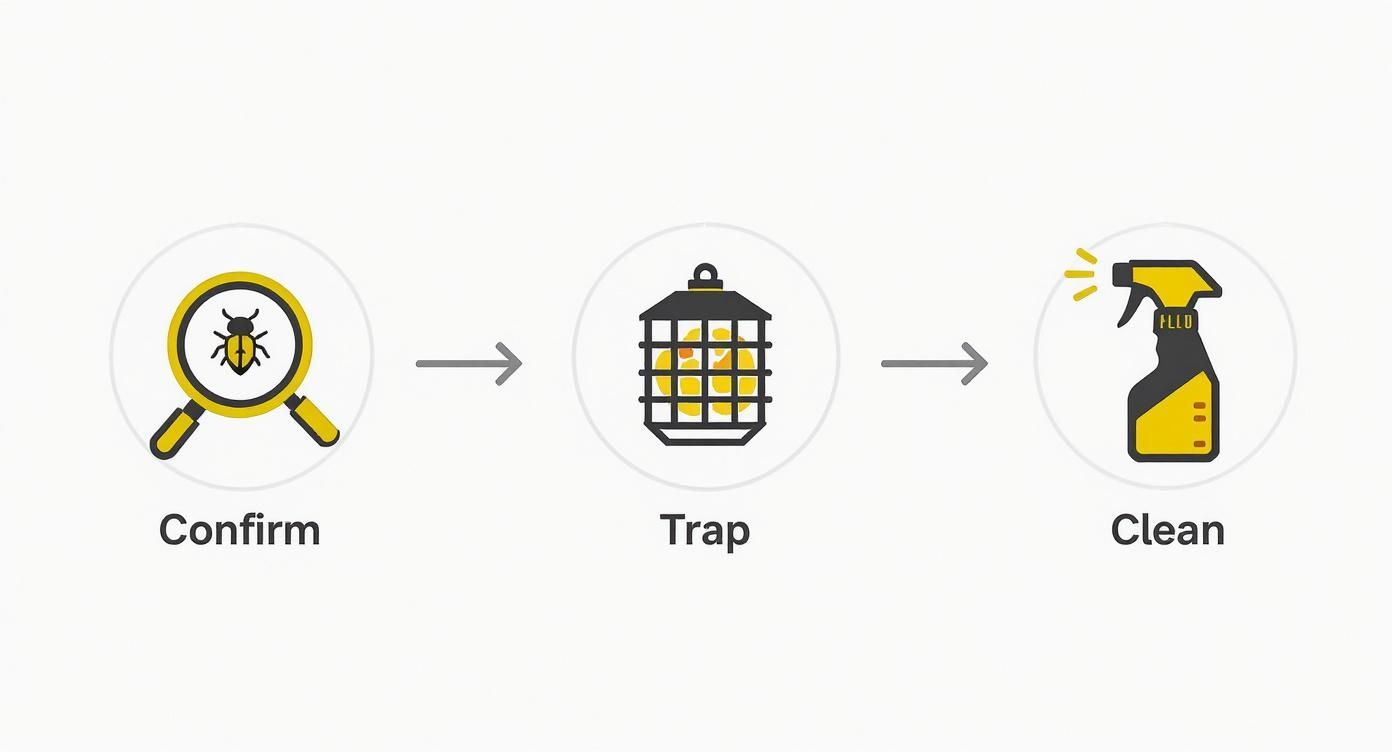 Infographic detailing a three-step process for immediate fruit fly action starting with confirming the pest, then trapping them, and finally cleaning the area.