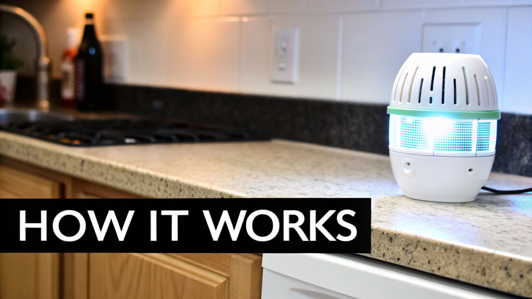 A white and green electronic fruit fly trap glowing blue on a kitchen counter with 'HOW IT WORKS' text.