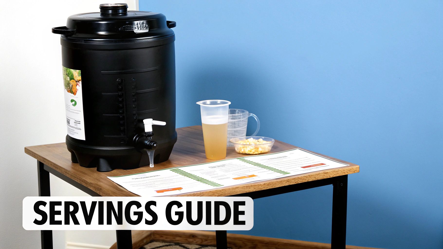 A black 10-gallon beverage dispenser, a cup with liquid, fruit, and a servings guide on a table.