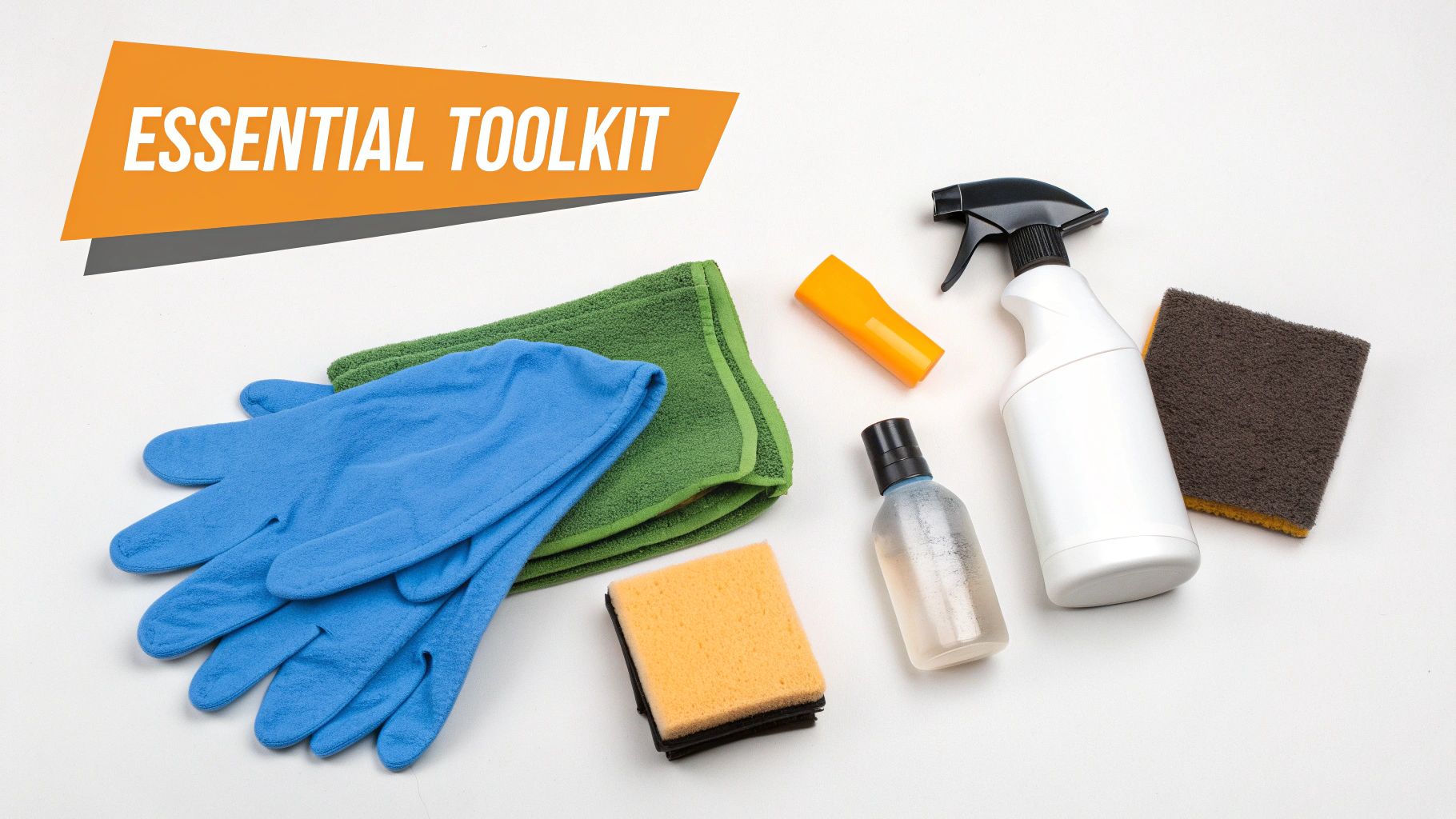 An essential toolkit for cleaning, including gloves, cloths, spray bottles, and sponges on a white background.