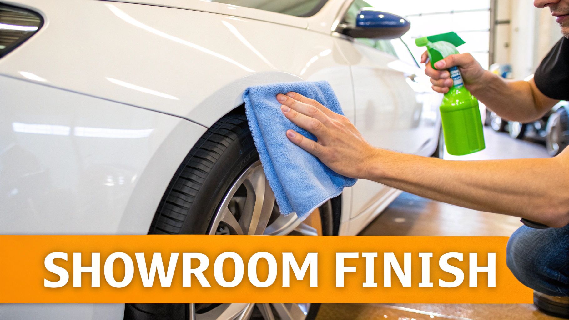 A person meticulously cleans a white car's fender with a blue microfiber cloth and green spray bottle.