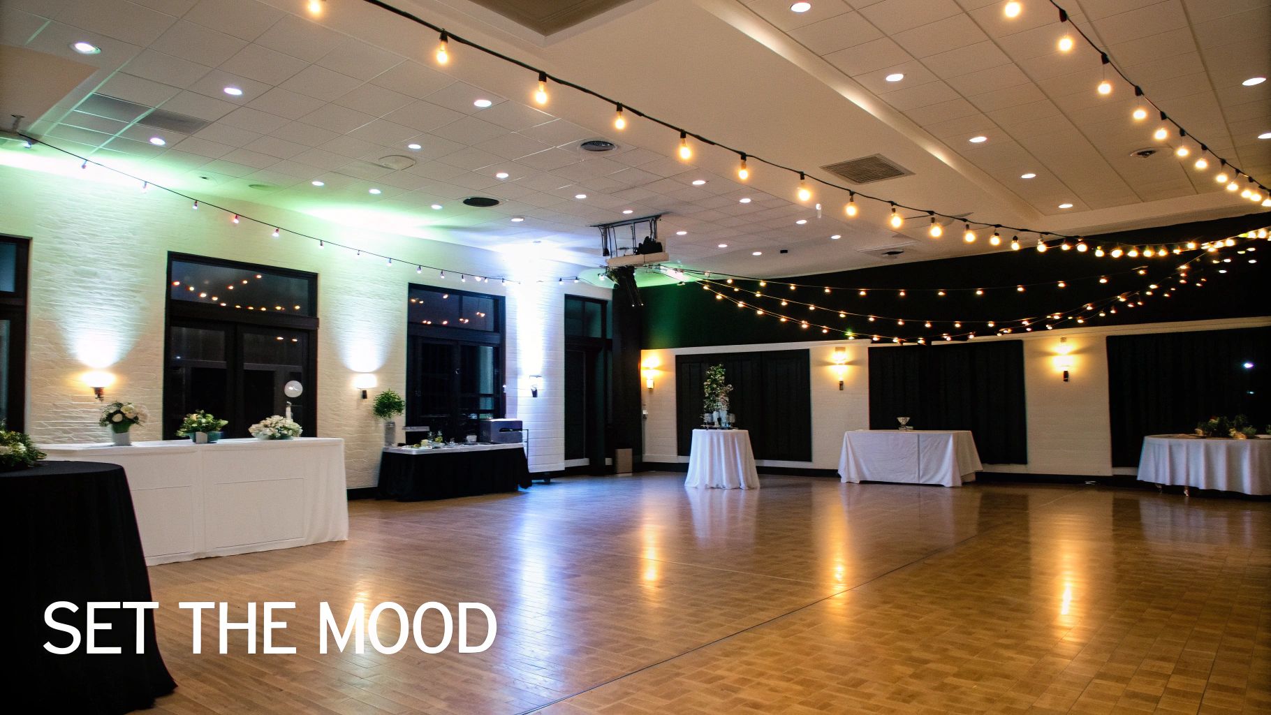 Wedding reception with beautiful string lights creating a magical ambiance