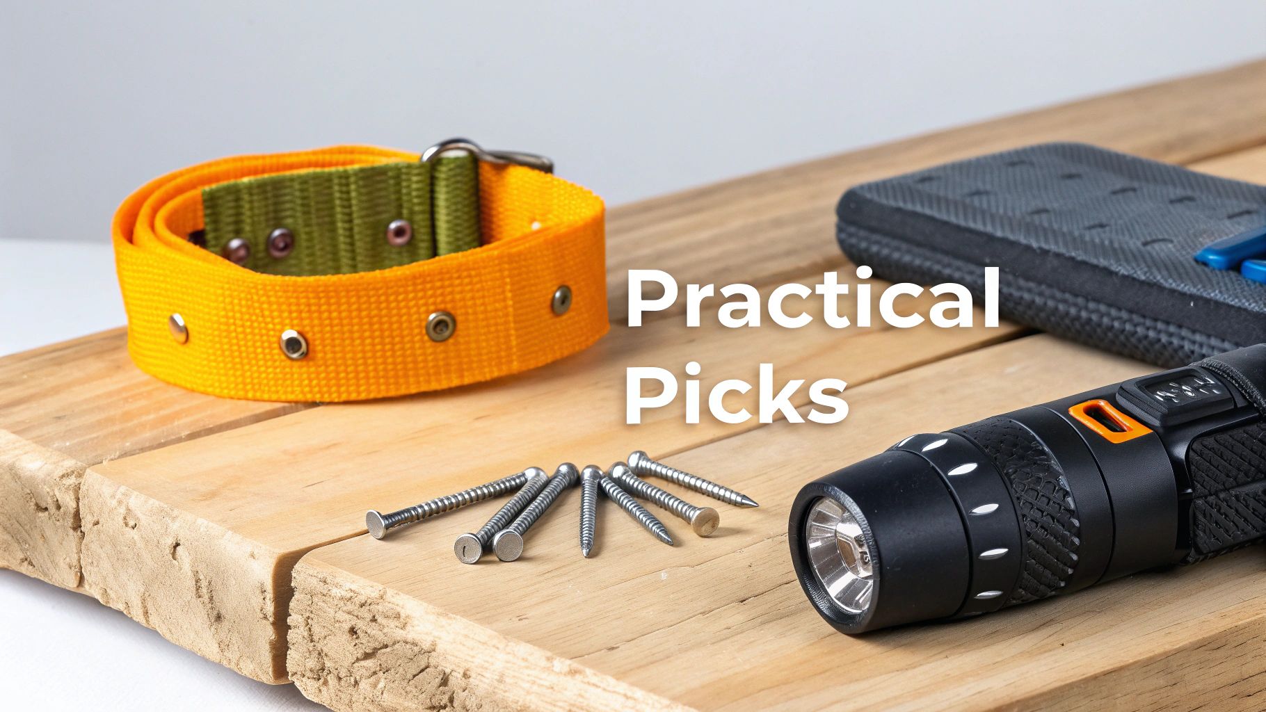 Practical picks featuring a yellow dog collar, scattered screws, a black flashlight, and a case on a wooden board.