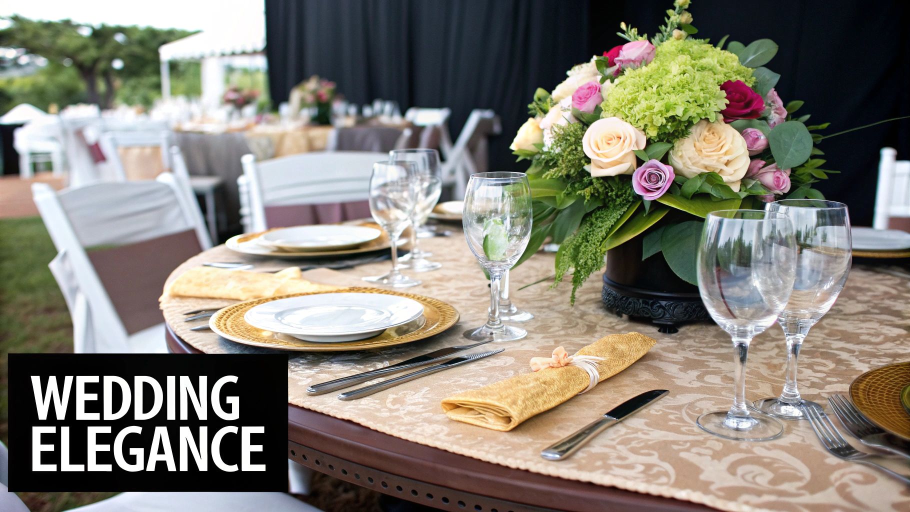 Elegant wedding table setting with a floral centerpiece, gold chargers, and wine glasses outdoors.