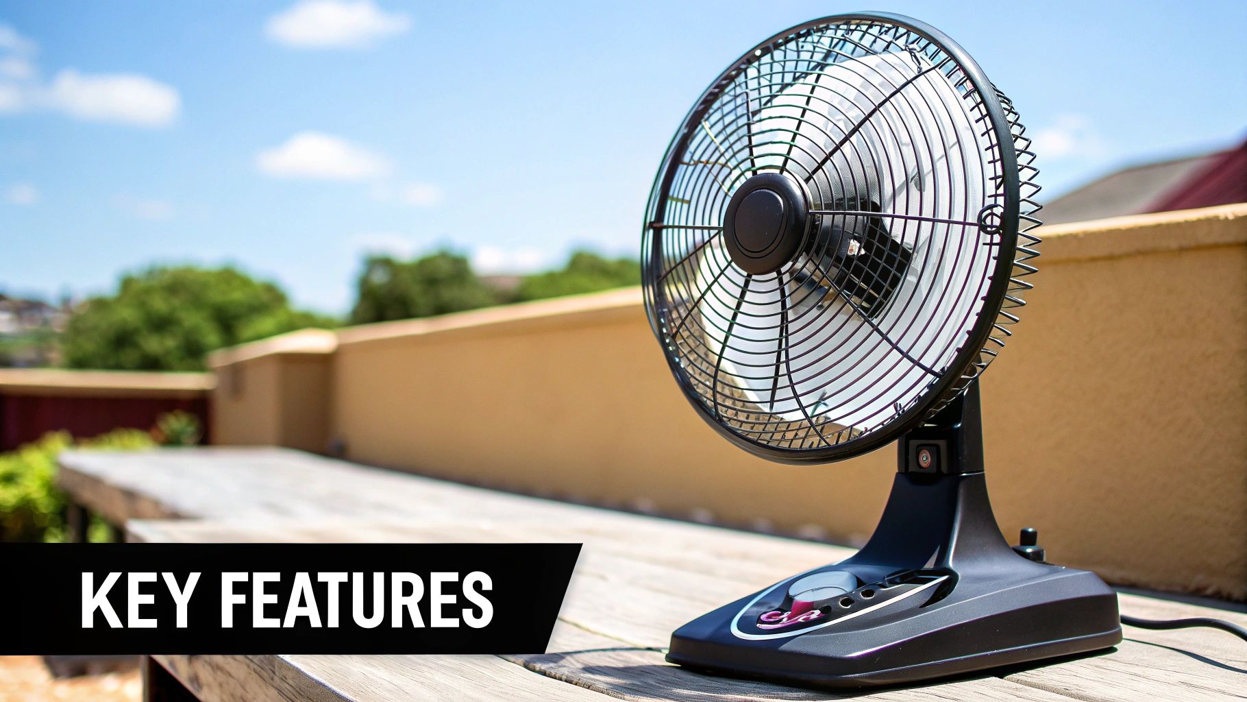 A sleek outdoor table fan sitting on a wooden table on a bright patio