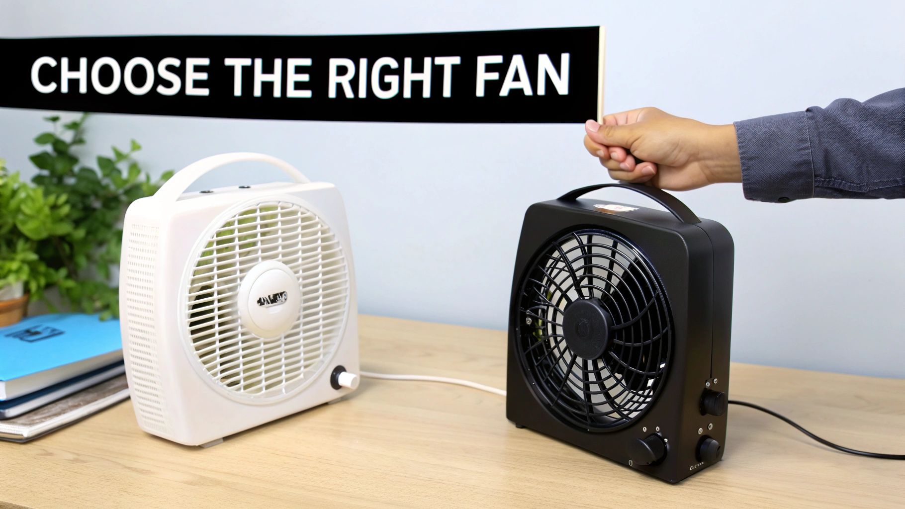 A hand holds a 'CHOOSE THE RIGHT FAN' sign above two portable box fans, one white and one black, on a wooden desk.