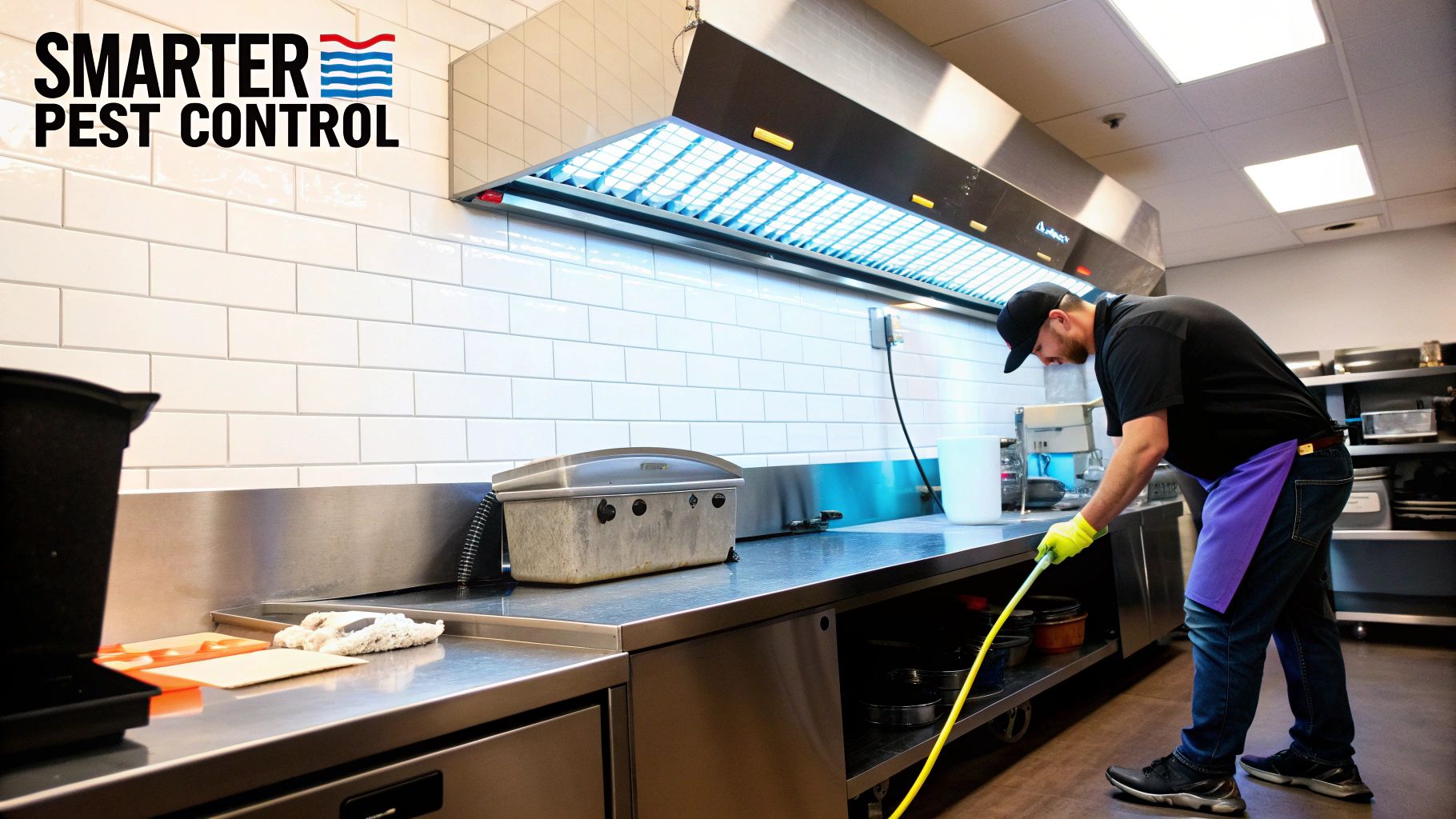 A pest control technician in gloves treats a commercial kitchen with stainless steel counters and equipment.
