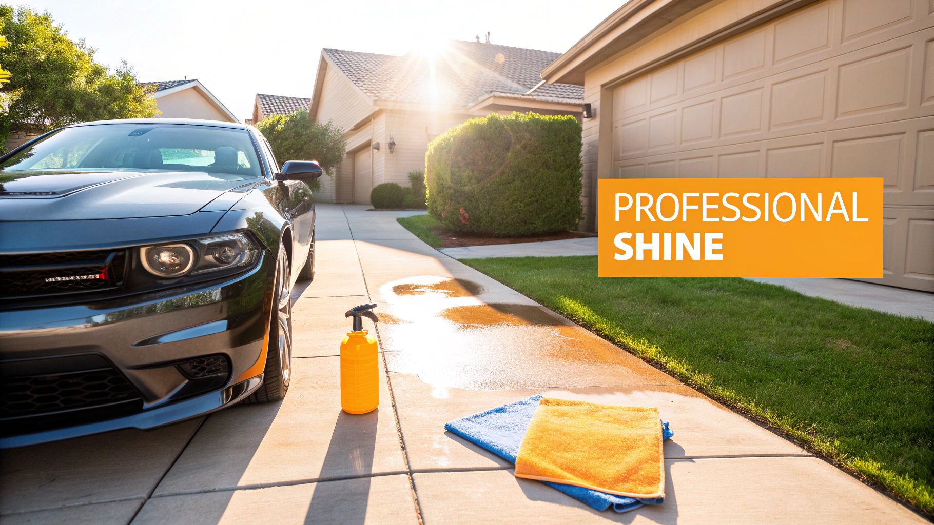 A dark grey car being washed on a sunny driveway with a spray bottle and towels.