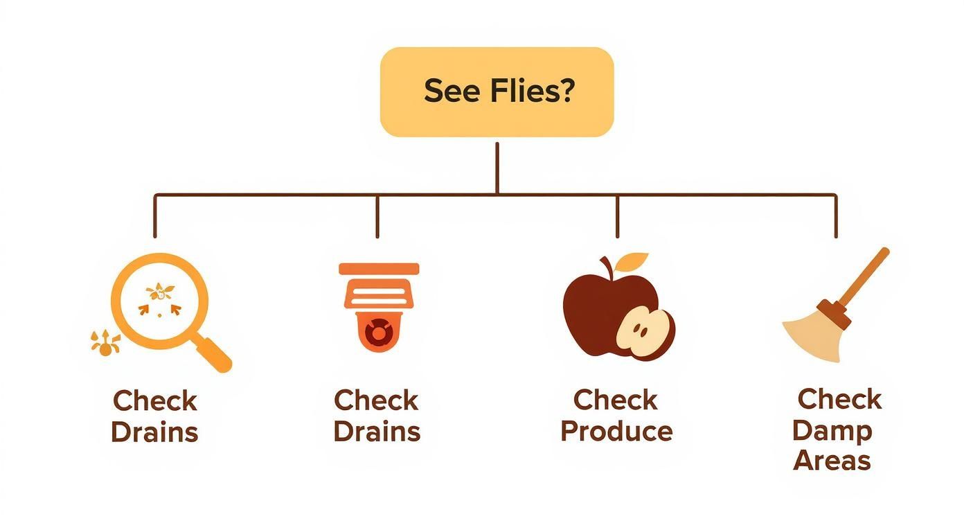 An infographic decision tree showing how to find the source of fruit flies in a restaurant by checking drains, produce, and damp areas.