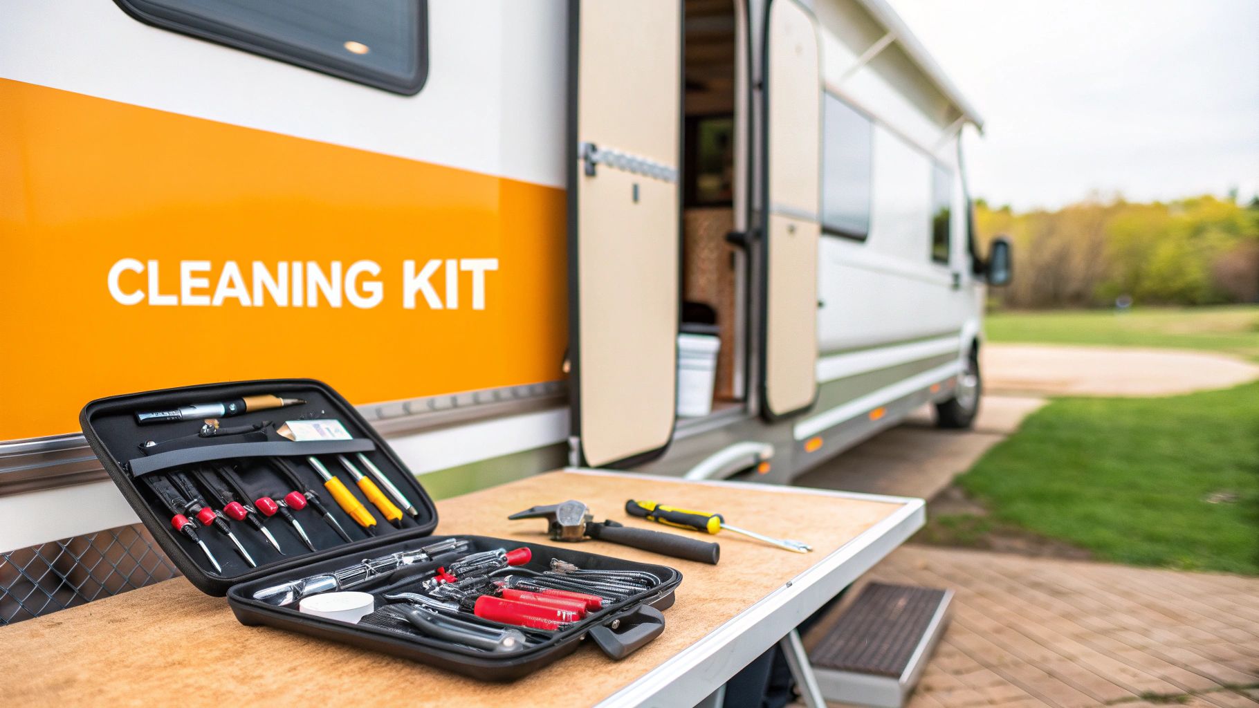 A person's hand holding a bright yellow microfiber sponge, ready to clean the side of an RV.