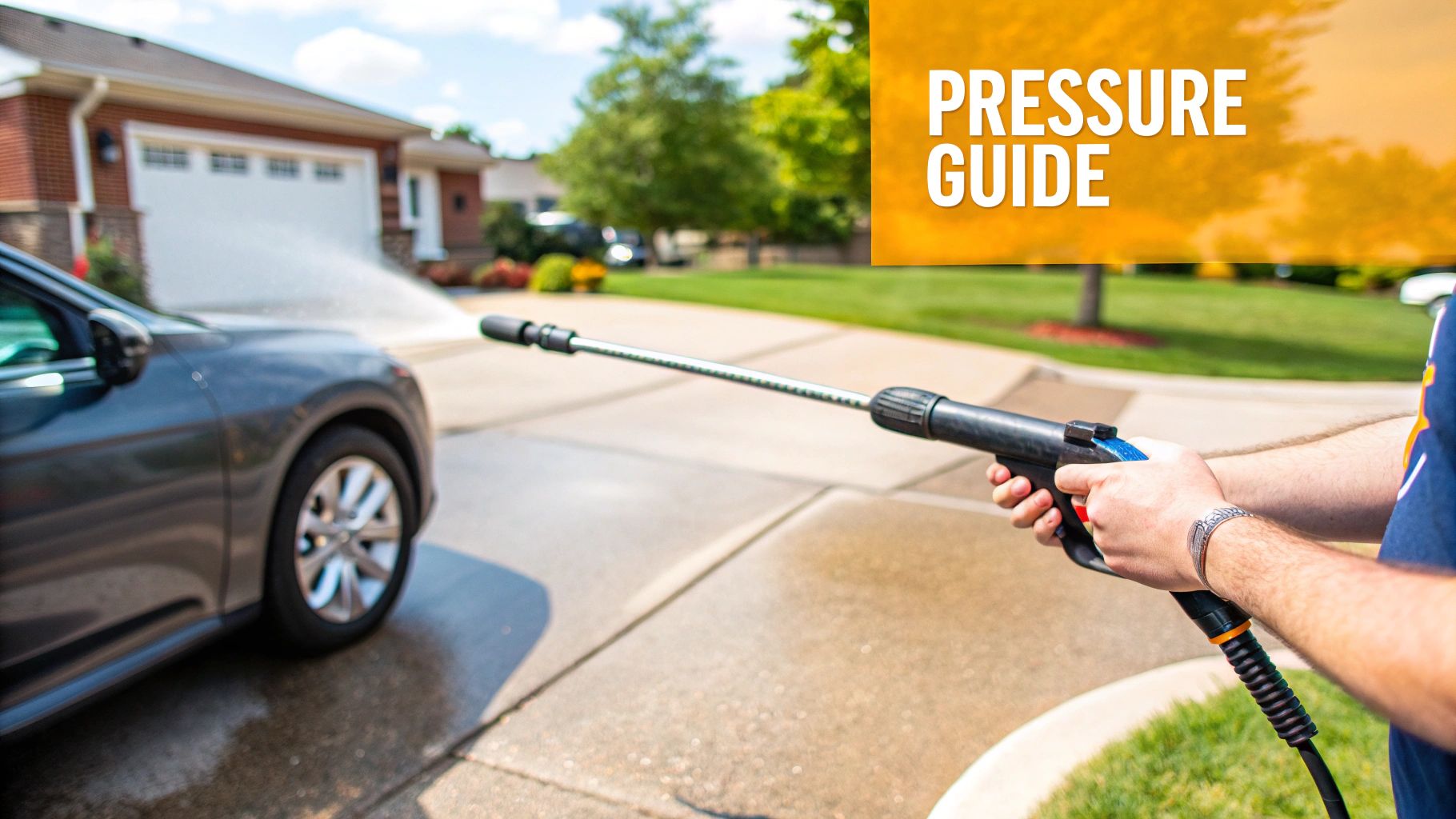 Person cleaning a dark gray car with a pressure washer in a driveway on a sunny day.