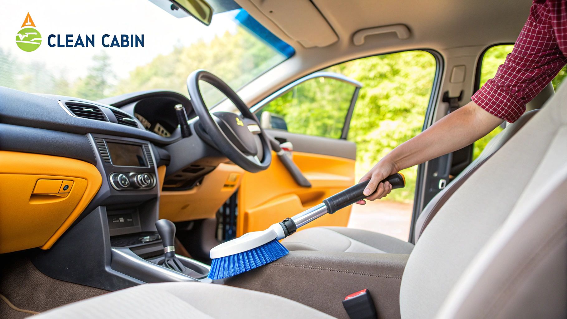 A person wearing blue gloves carefully wiping down the clean, black leather interior of a car with a microfiber cloth.