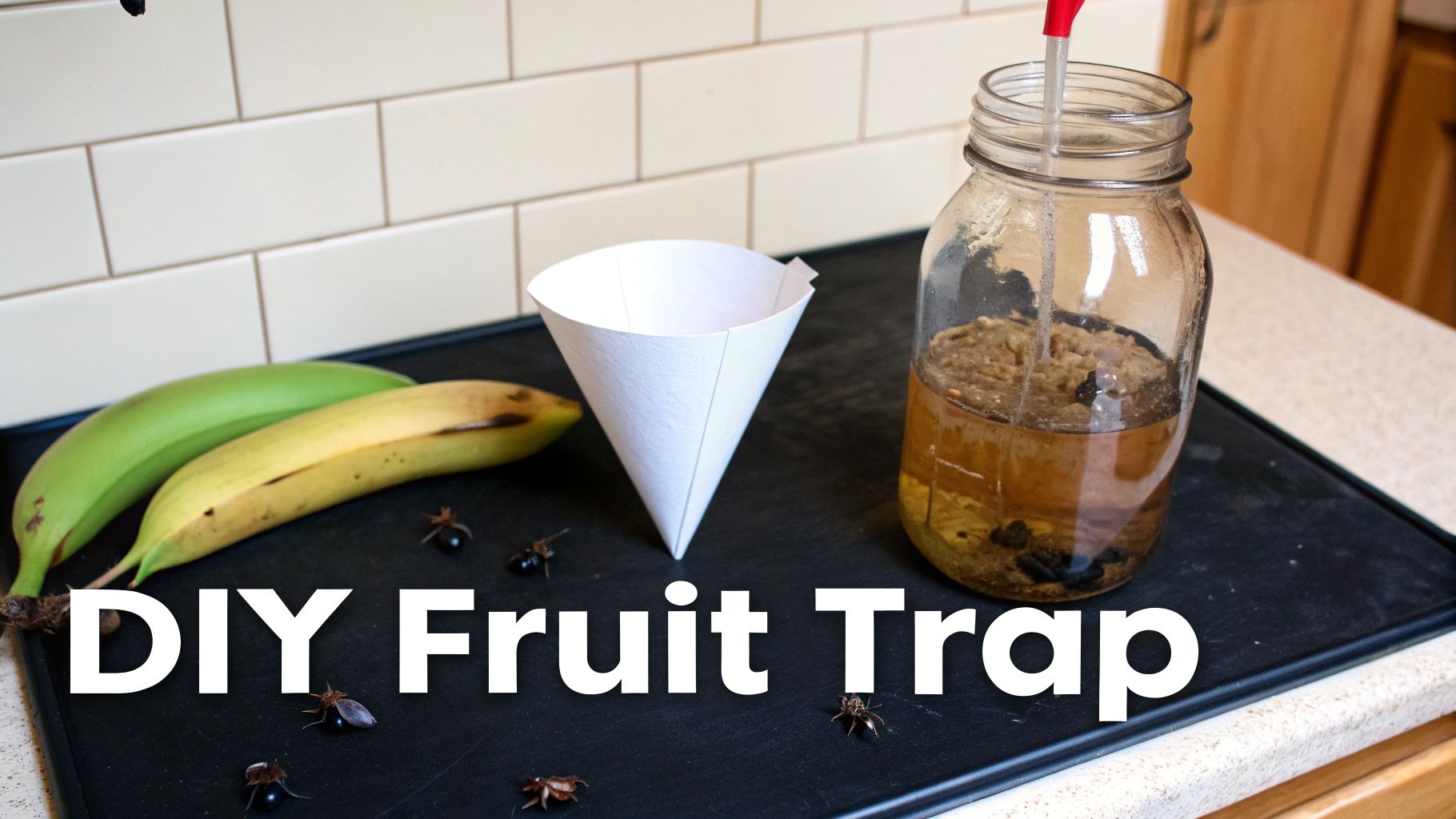 A DIY fruit fly trap with bananas, a paper cone, a jar of bait, and fruit flies on a counter.