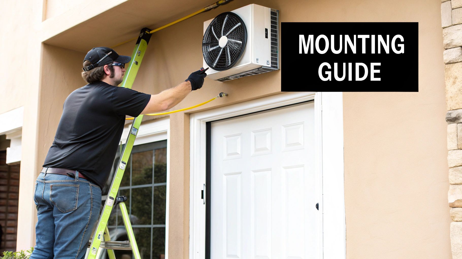A person installing an over the door fly fan above a commercial doorway.