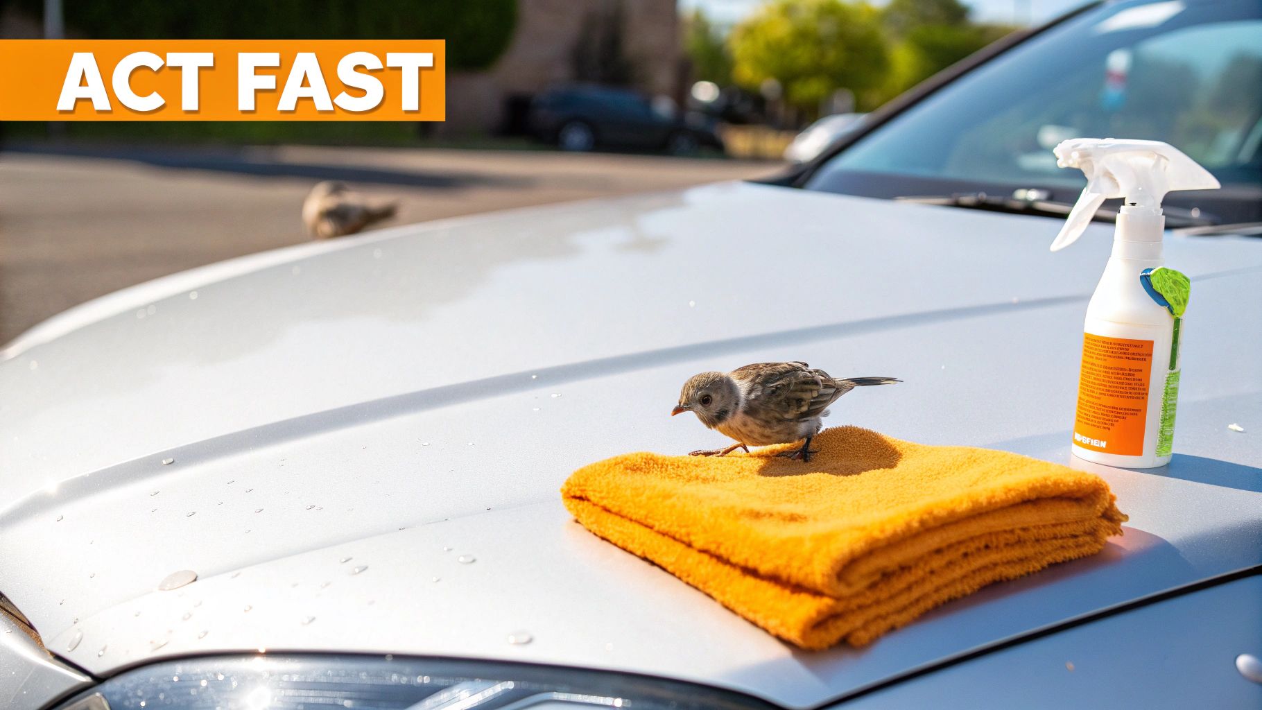 A small bird stands on an orange microfiber towel on a silver car hood, next to a spray bottle.