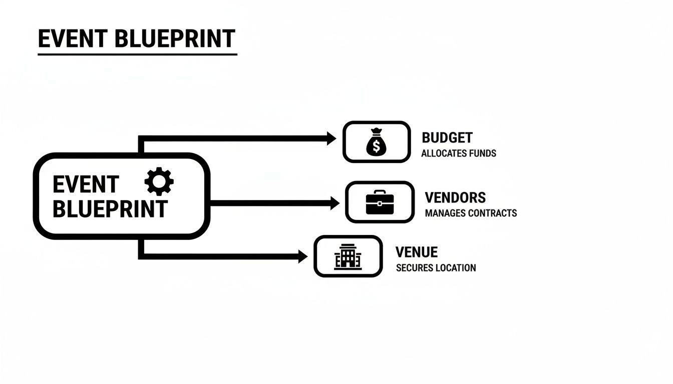 A flowchart showing 'Event Blueprint' connecting to Budget, Vendors, and Venue for event planning.