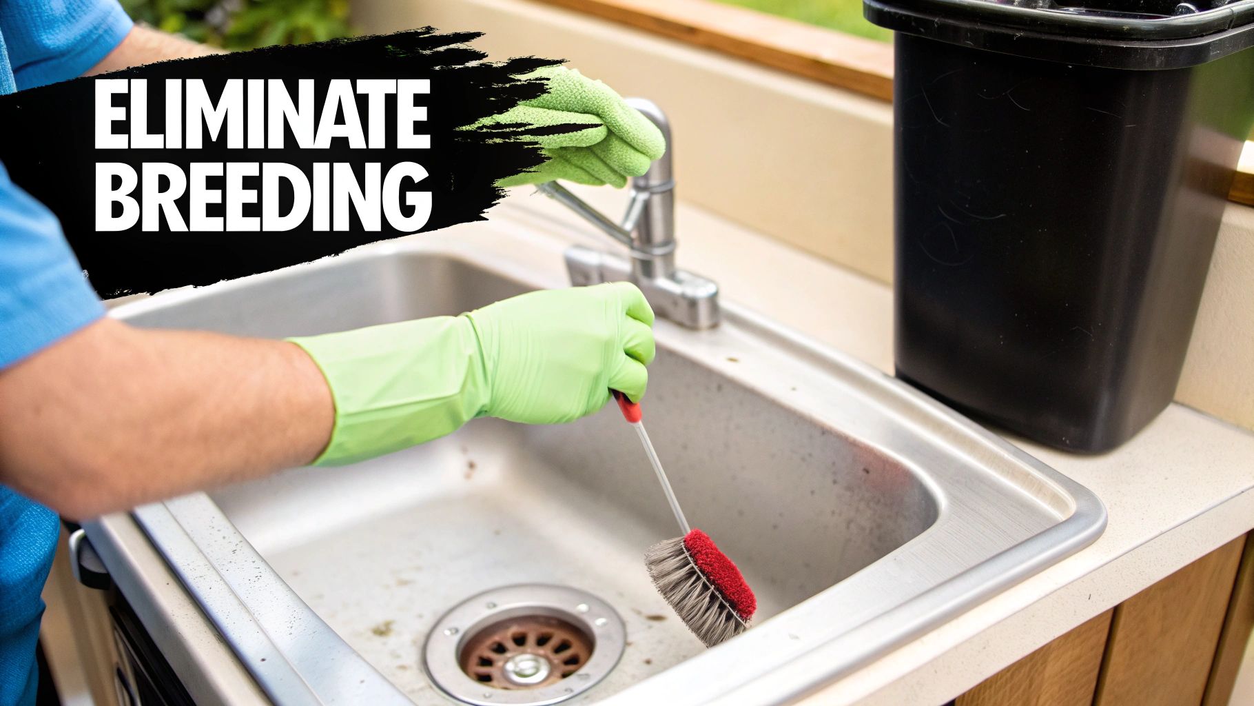 A person deep cleaning a kitchen sink, symbolizing the elimination of fruit fly breeding grounds.