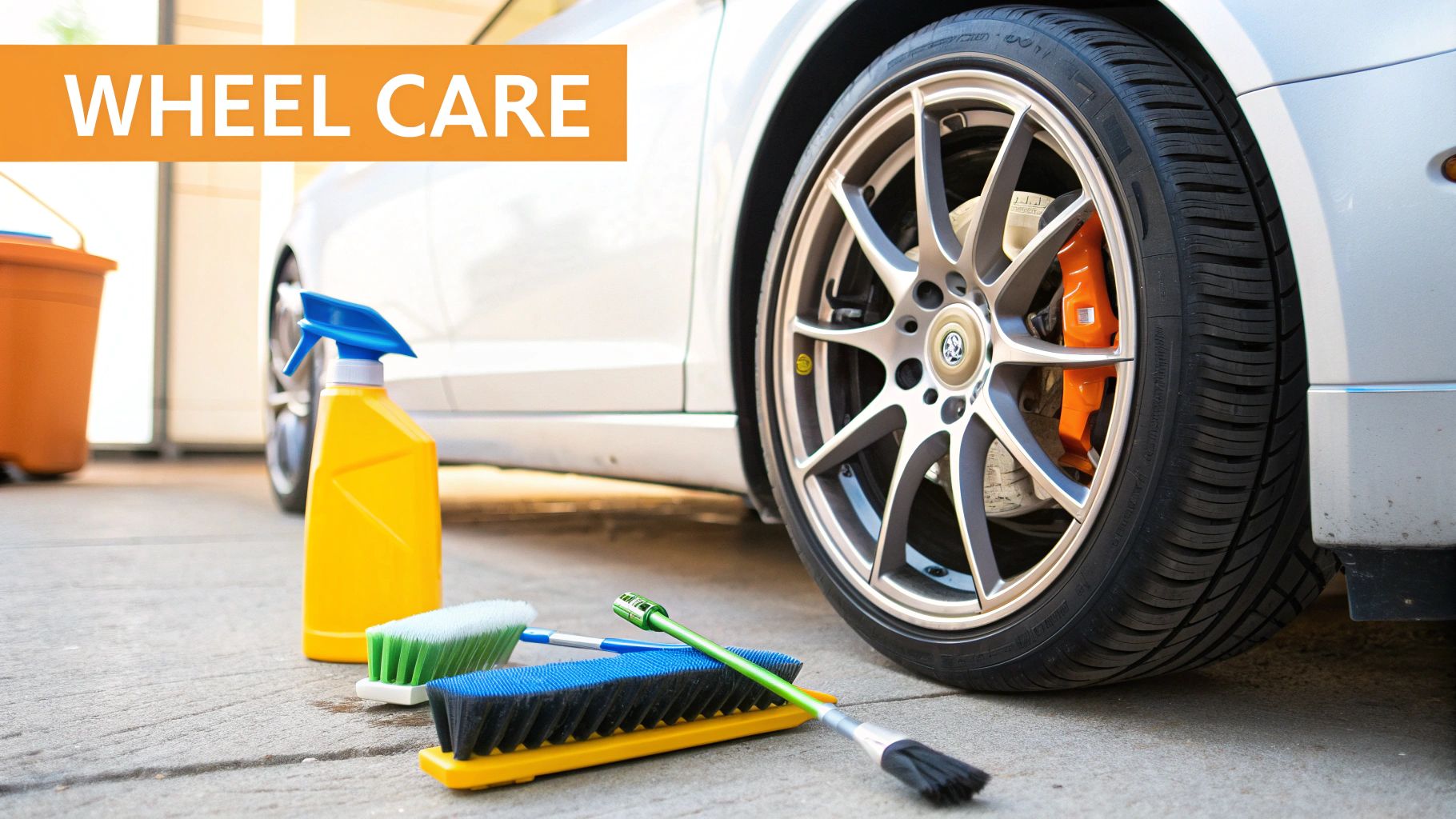 Wheel care products and brushes are placed on the ground next to a car with an orange brake caliper.