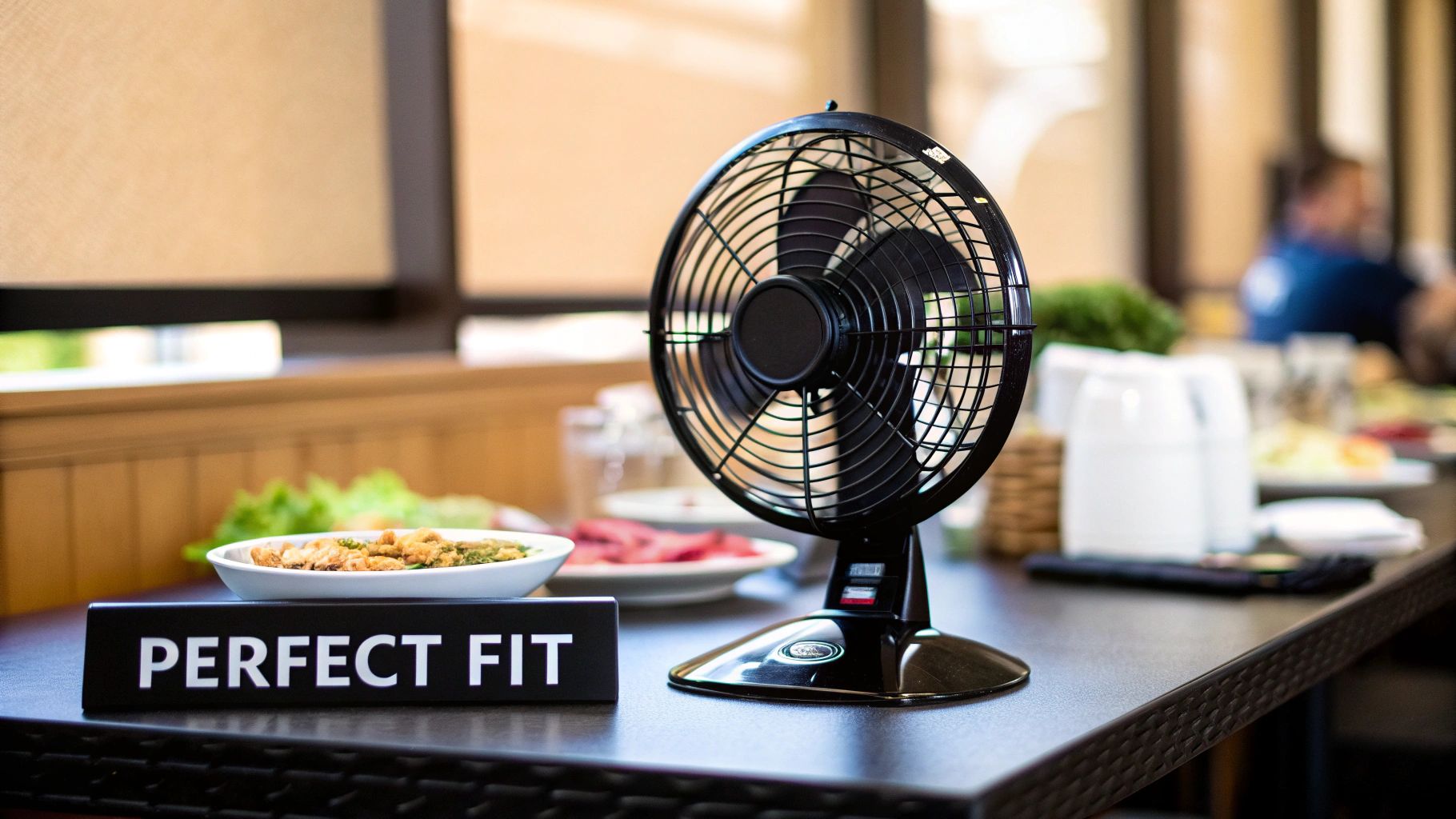 Black 10 inch portable desk fan positioned on dining table next to food plates