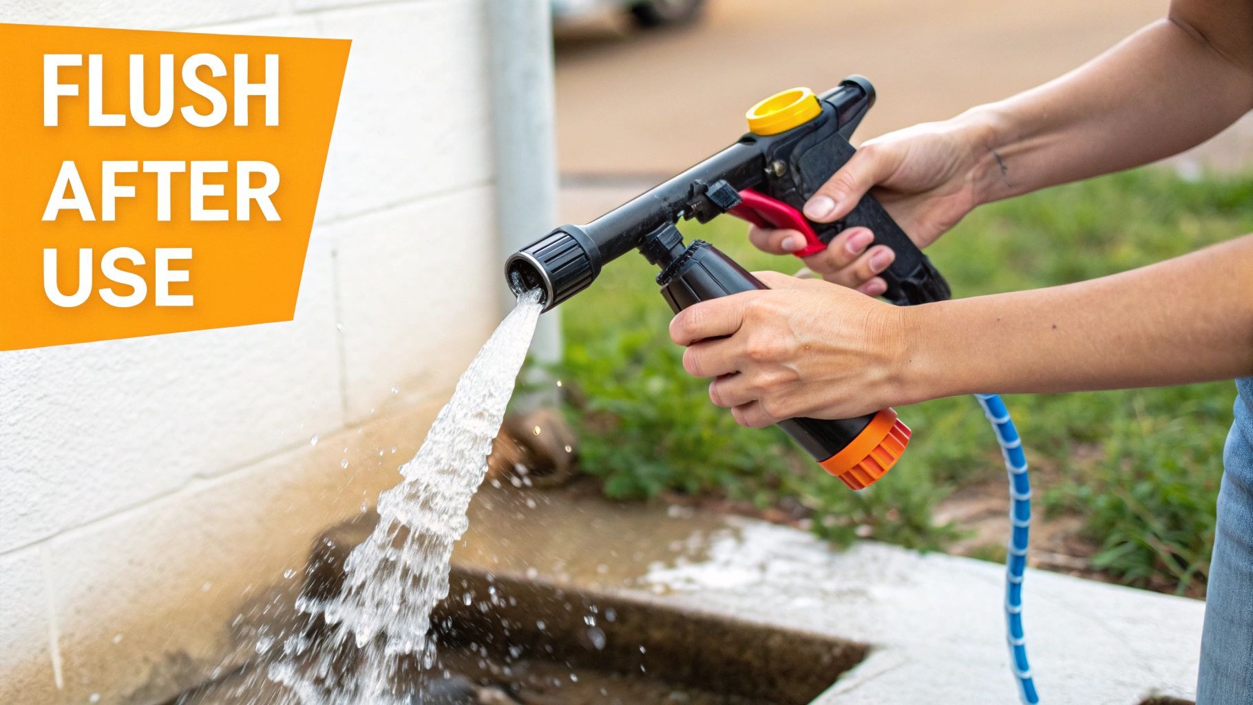 A person flushes a black and yellow foam gun with water onto a concrete surface.