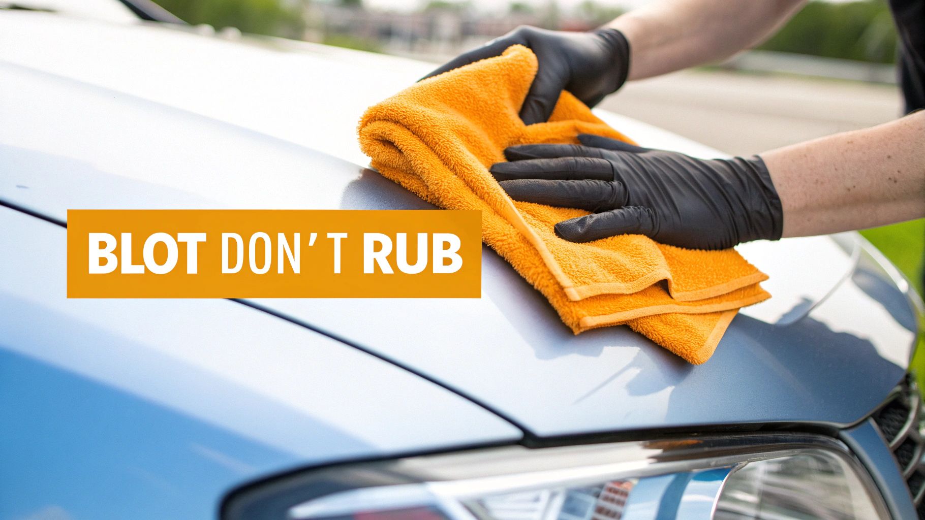 Person wearing black gloves blotting car hood with orange microfiber towel instead of rubbing