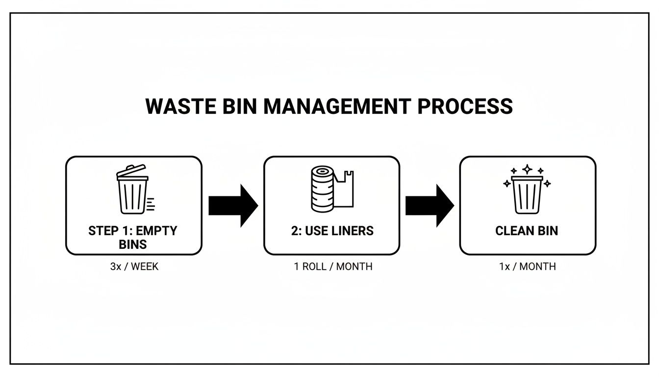 An infographic detailing a three-step waste bin management process: empty, use liners, and clean.