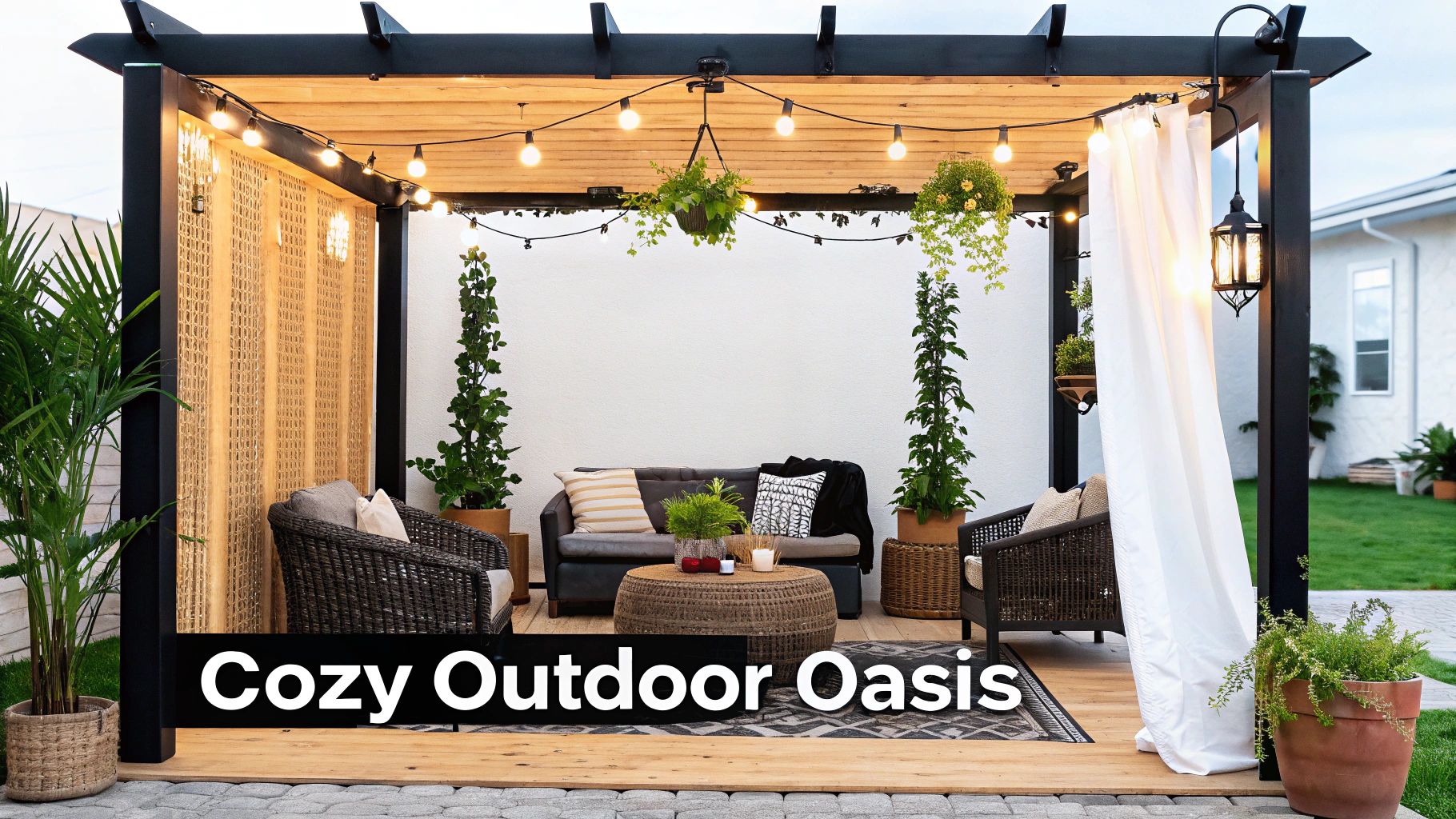 A cozy outdoor pergola living space with string lights, a sofa, chairs, and many potted plants.