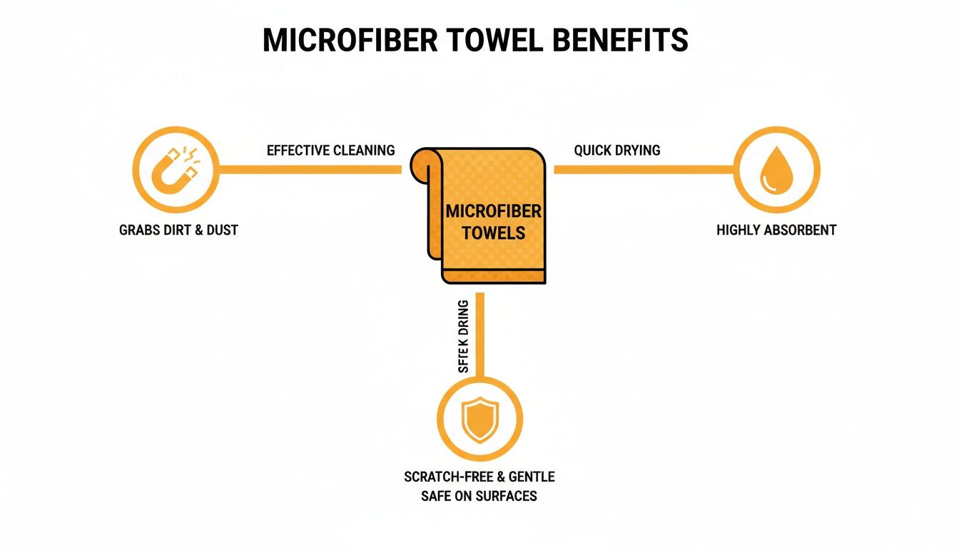 Infographic showing microfiber towel benefits: effective cleaning, quick drying, highly absorbent, and scratch-free.
