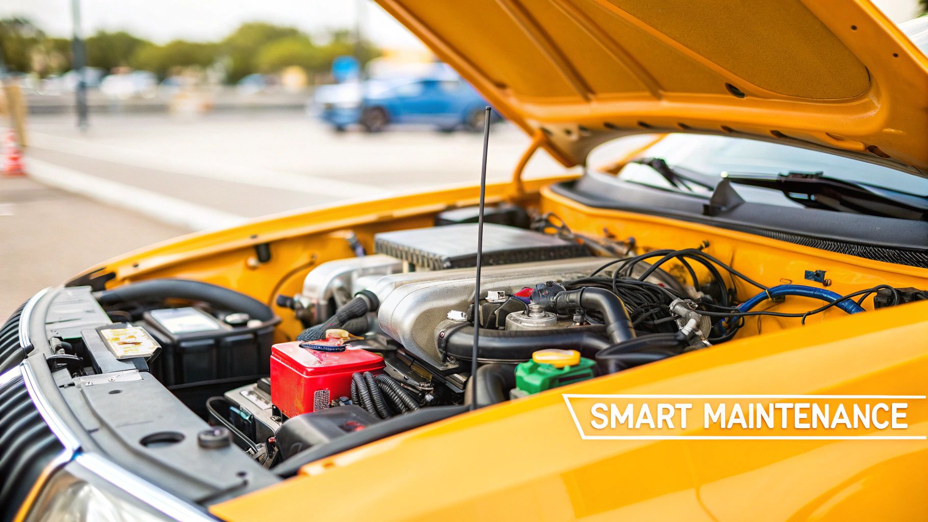 Detailed view of a yellow car's open engine bay, showcasing engine components and wiring.
