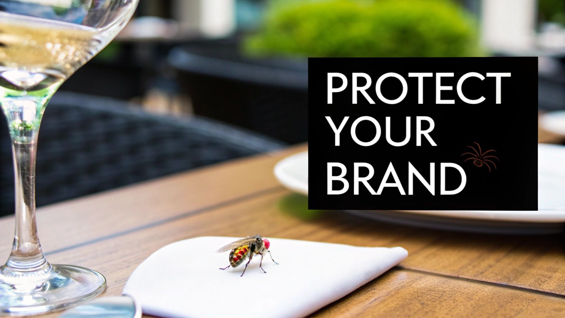 A red-eyed fly on a white napkin at a restaurant table, next to a wine glass and 'Protect Your Brand' sign.