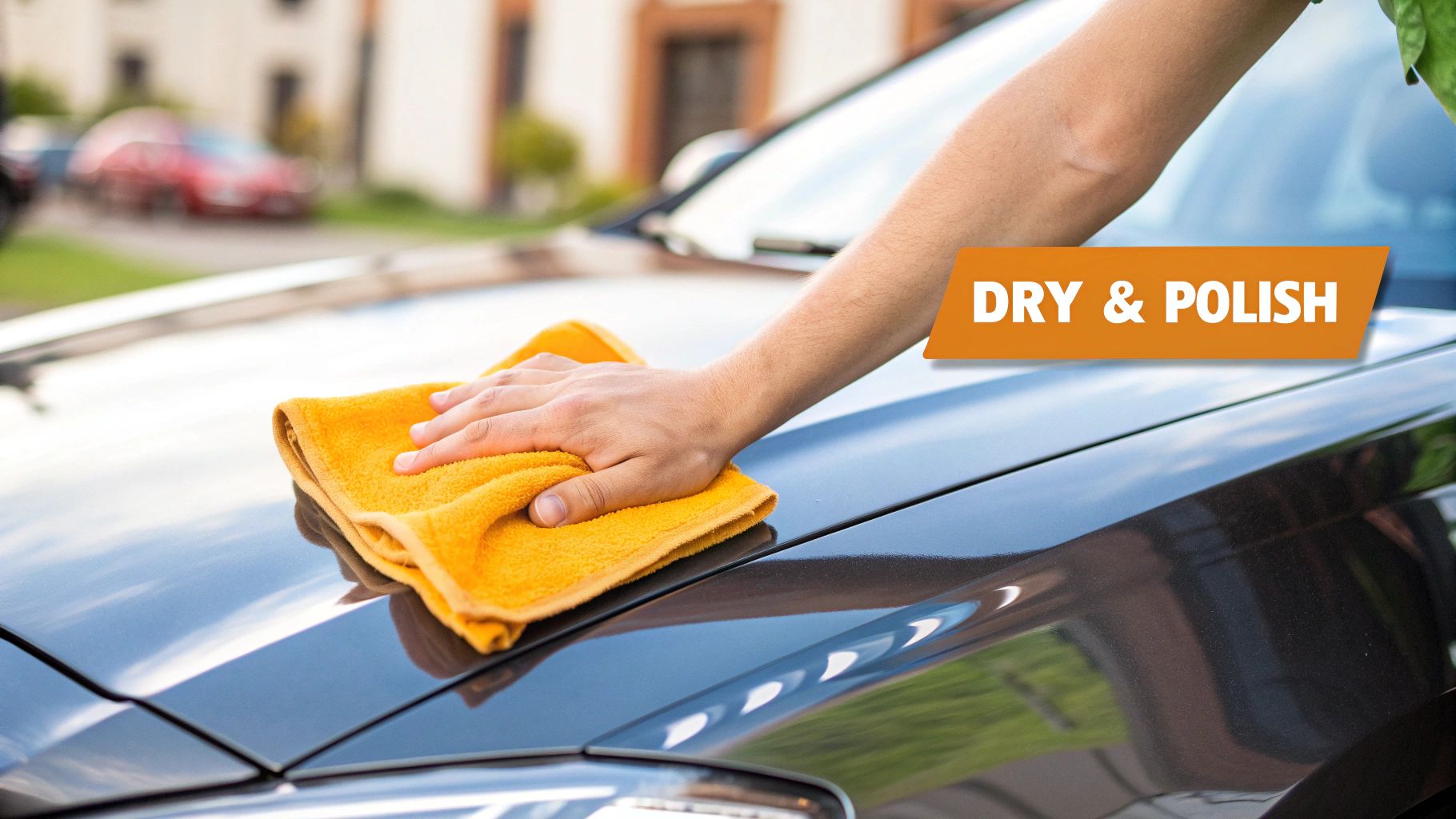 A person carefully drying a dark blue car with a large, plush microfiber towel.