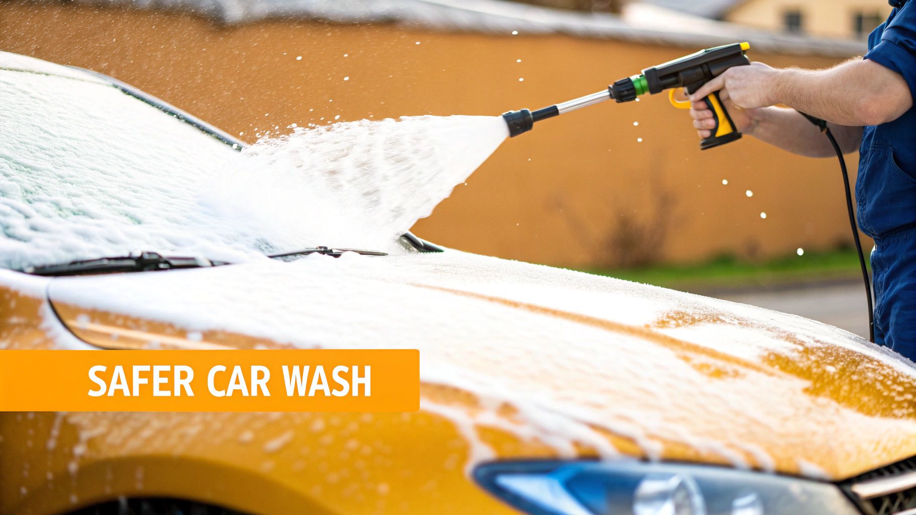 A person washes a yellow car with a foam gun, covering the hood and windshield in white soap.