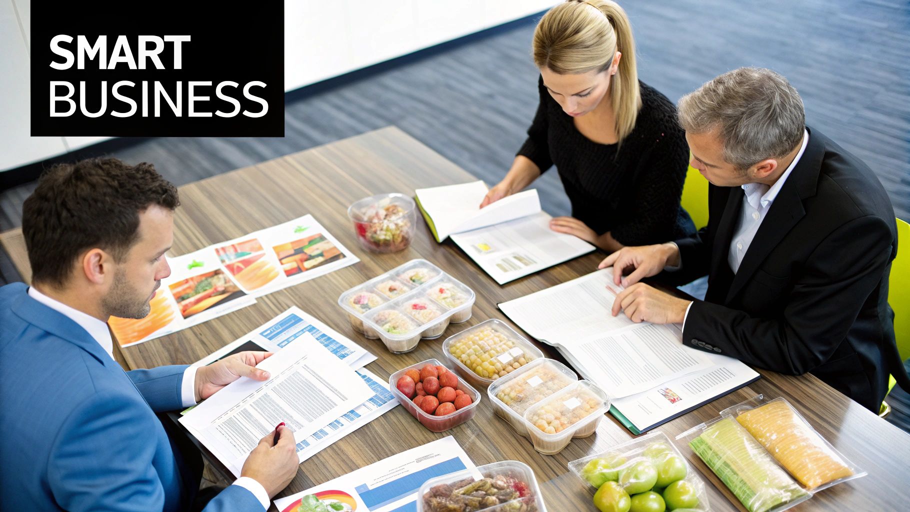 A restaurant manager smiling while reviewing a tablet in a bustling, clean commercial kitchen, showcasing business success.