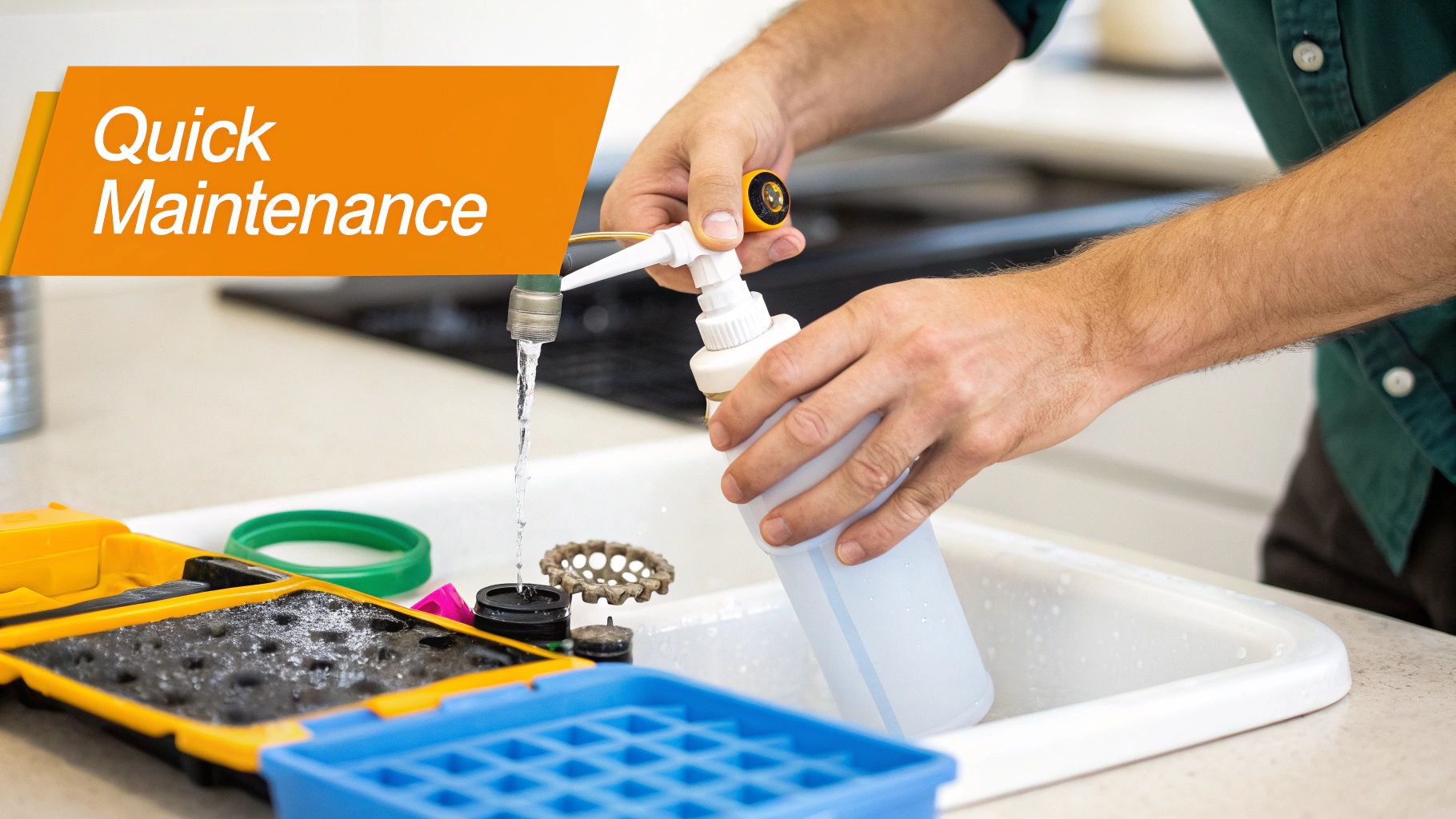 Hands filling a foam soap sprayer with water from a faucet during quick maintenance in a sink.