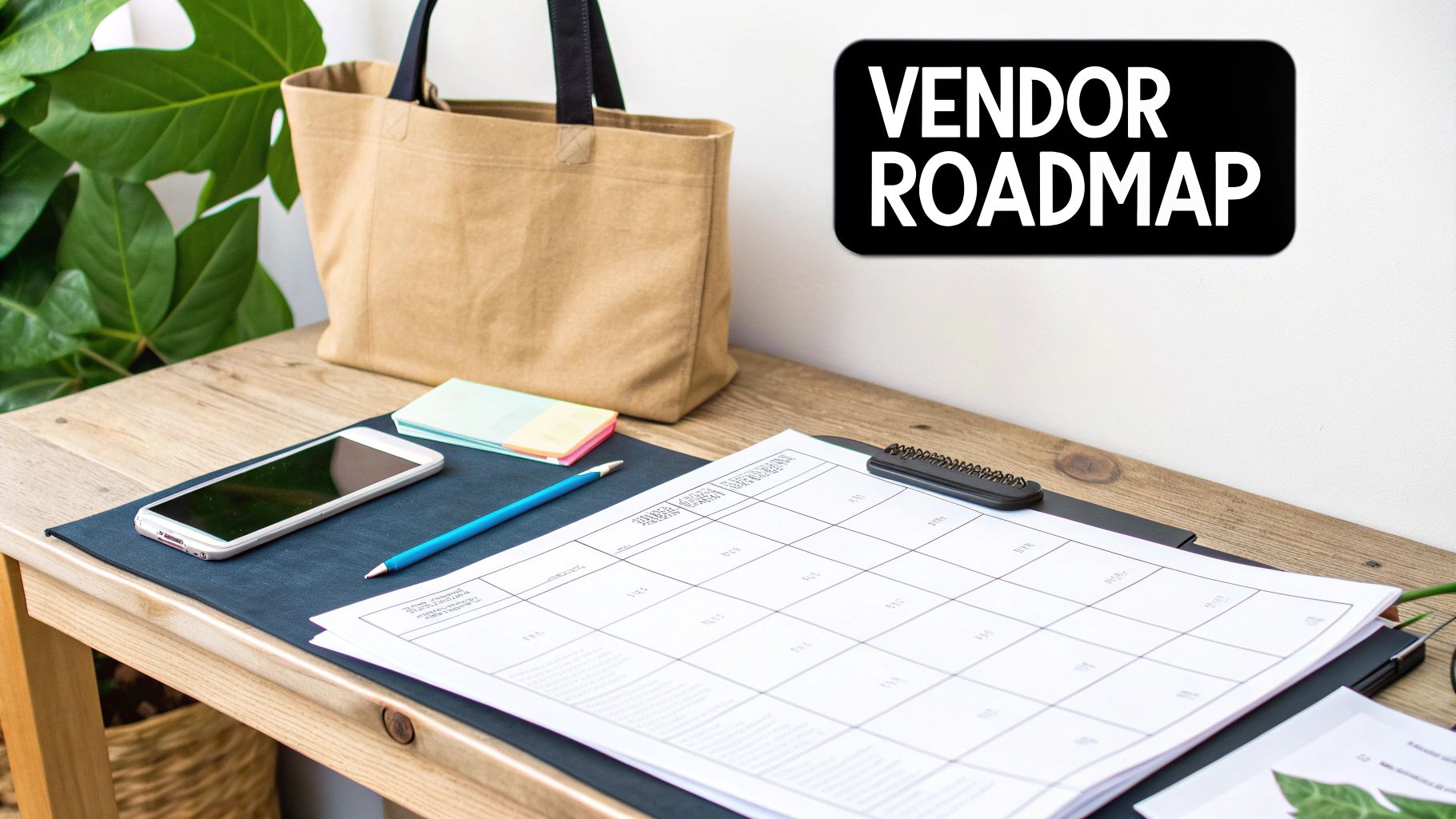 Vendor roadmap planning workspace with calendar, notebook, phone and tote bag on wooden desk