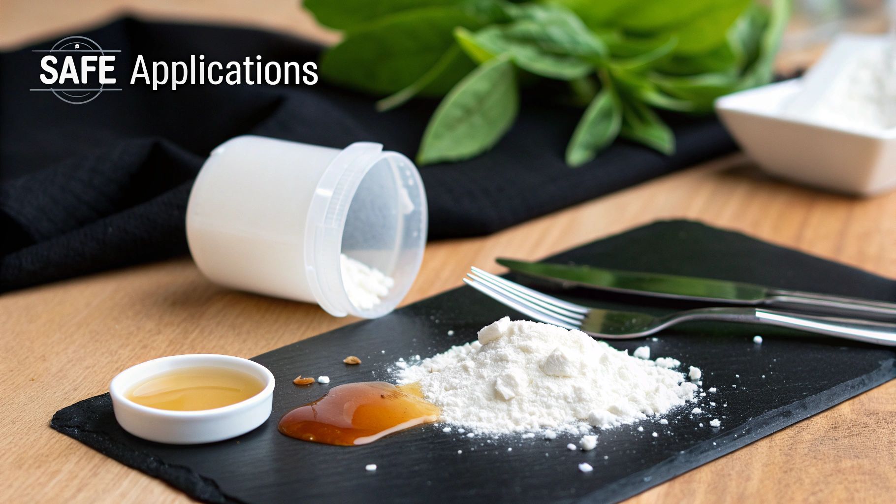 White powder, liquid spills, and small bowl on a black slate board with cutlery.