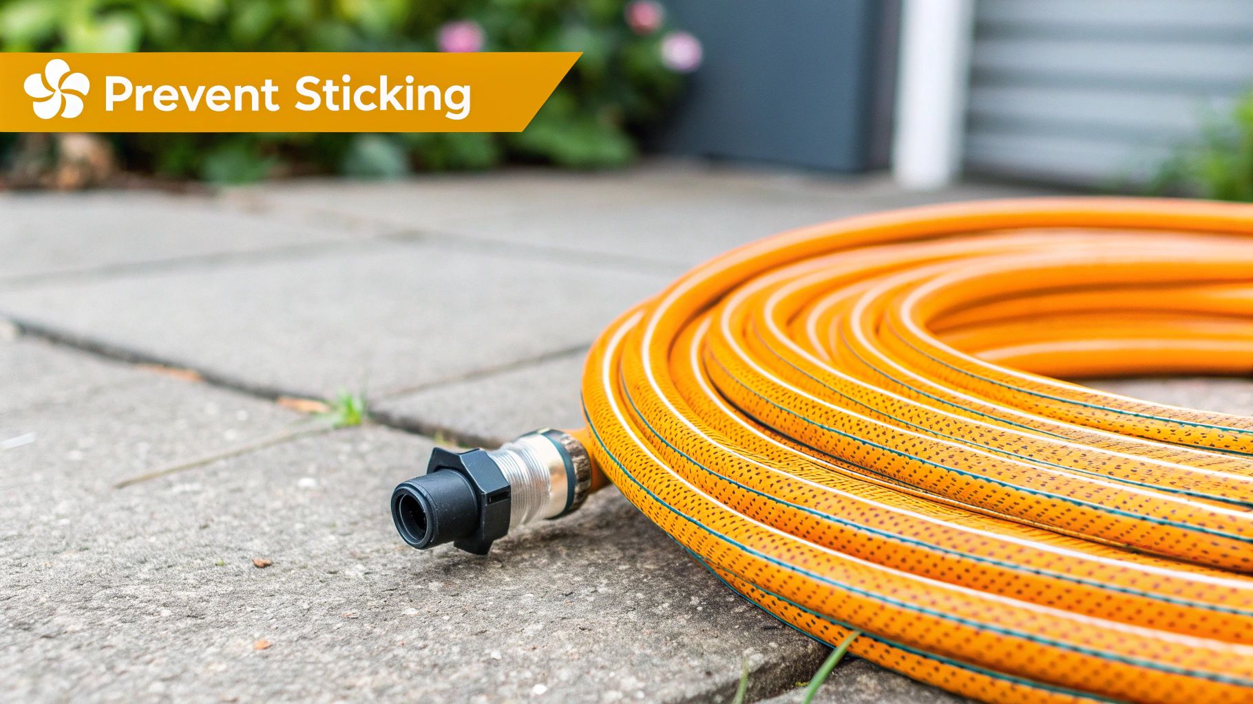 An orange garden hose with a black and silver connector coiled on grey patio stones.